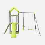 Aire de jeux pour enfants verte acier et bois, toboggan, bac à sable, mur d'escalade, trébuchet, plateforme cabane GALERNE Photo2