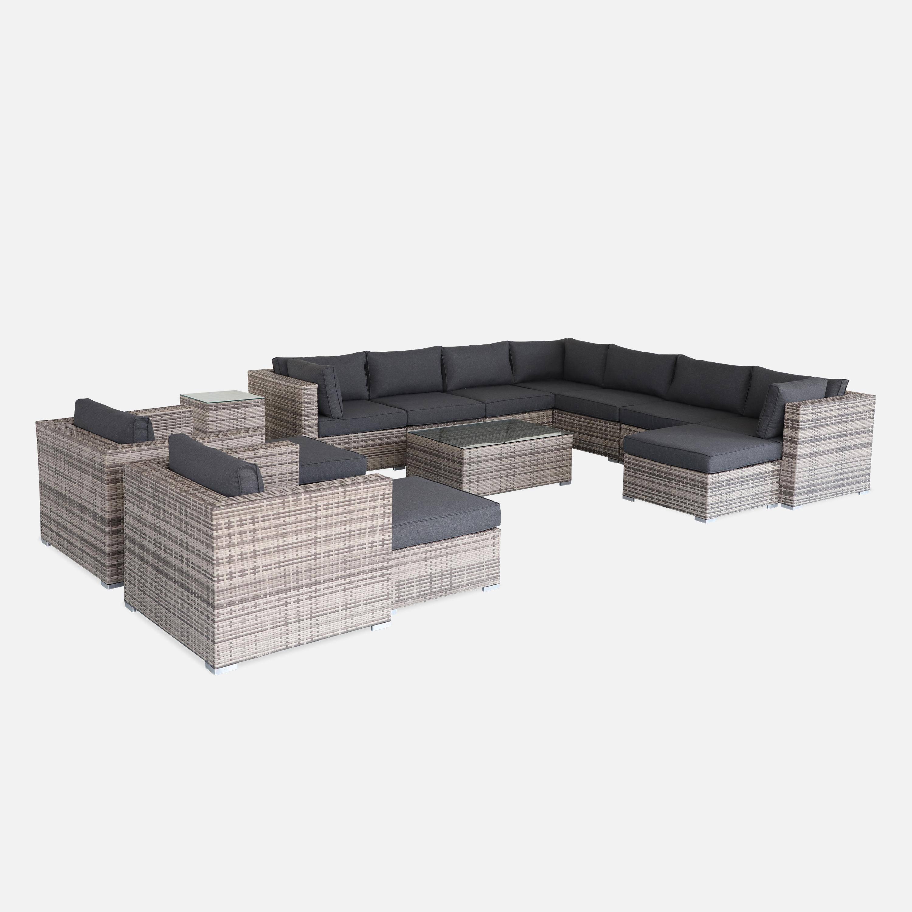 Ready assembled 14-seater premium polyrattan corner garden sofa set with coffee table, Grey Photo2