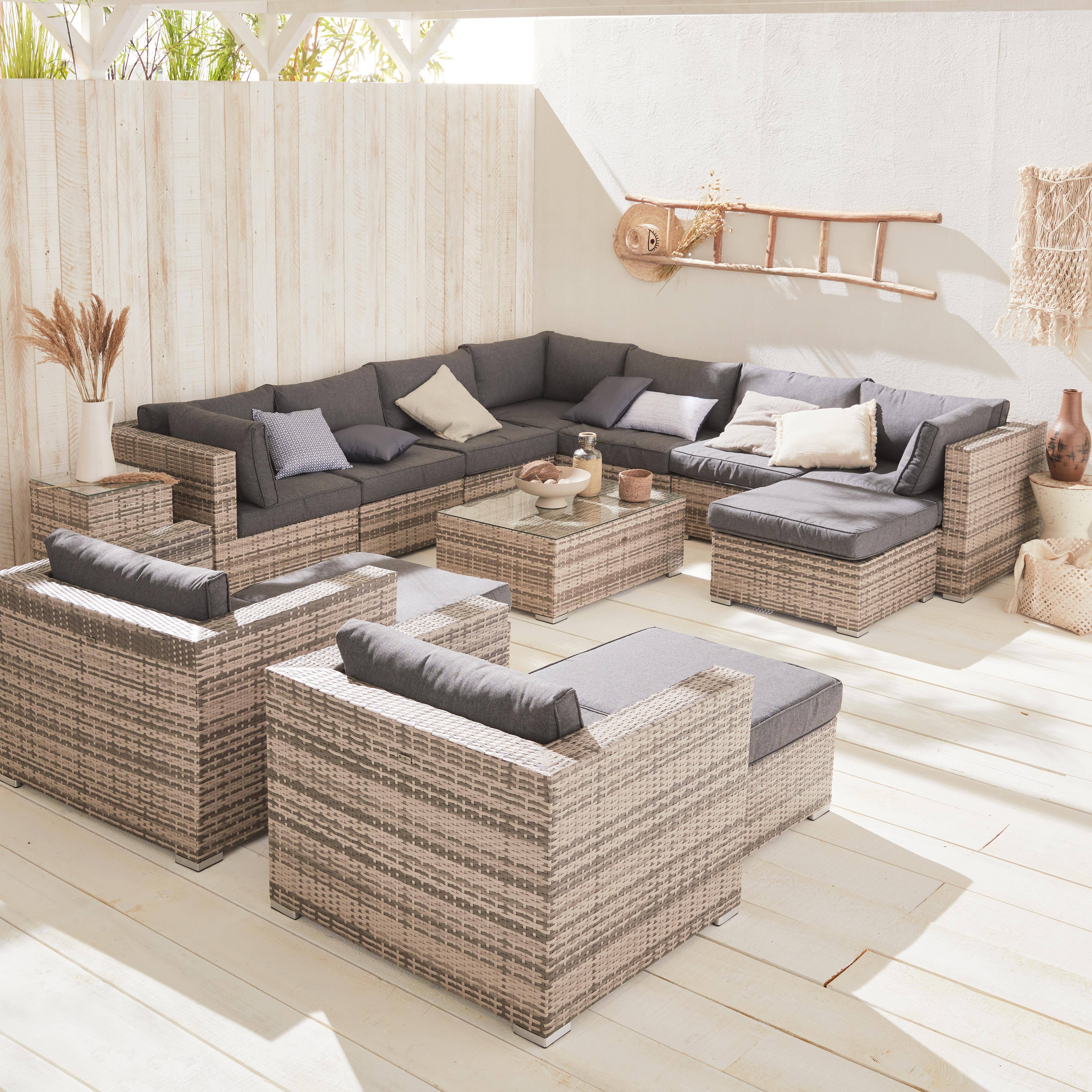 Ready assembled 14-seater premium polyrattan corner garden sofa set with coffee table, Grey,sweeek,Photo1