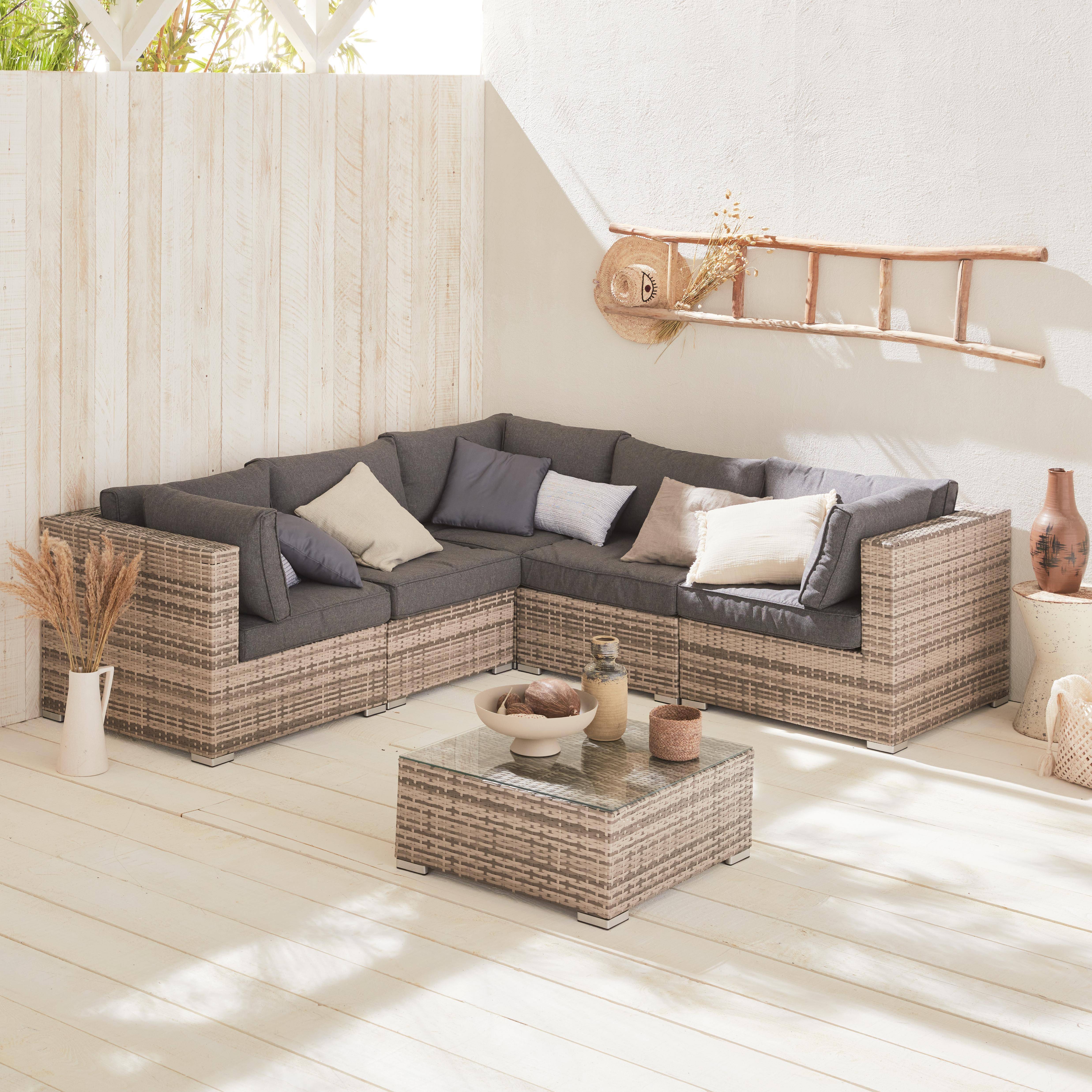Ready assembled 5-seater polyrattan corner garden sofa set - sofa, coffee table - Napoli - Mixed Grey rattan, Grey cushions,sweeek,Photo1