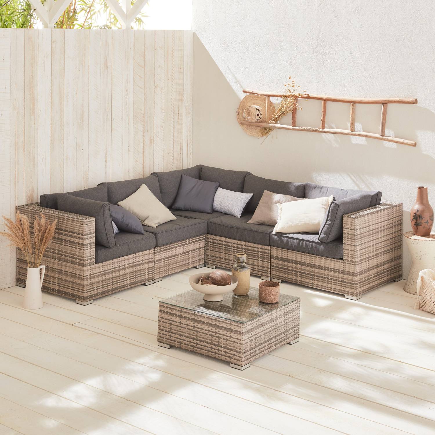 Ready assembled 5-seater polyrattan corner garden sofa set - sofa, coffee table - Napoli - Mixed Grey rattan, Grey cushions Photo1