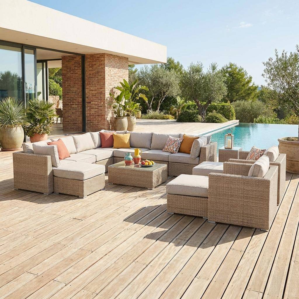 Premium round woven resin garden sofa set XXL – VERONA – Natural wicker style resin, beige cushions – 12 to 14 seats,sweeek,Photo1