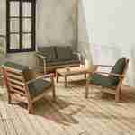 Essgruppe 4 Sitzer aus Akazienholz, 1 Couchtisch,  1 Sofa, 2 Sessel, Kissenbezug salbeigrün - Ushuaïa  Photo1