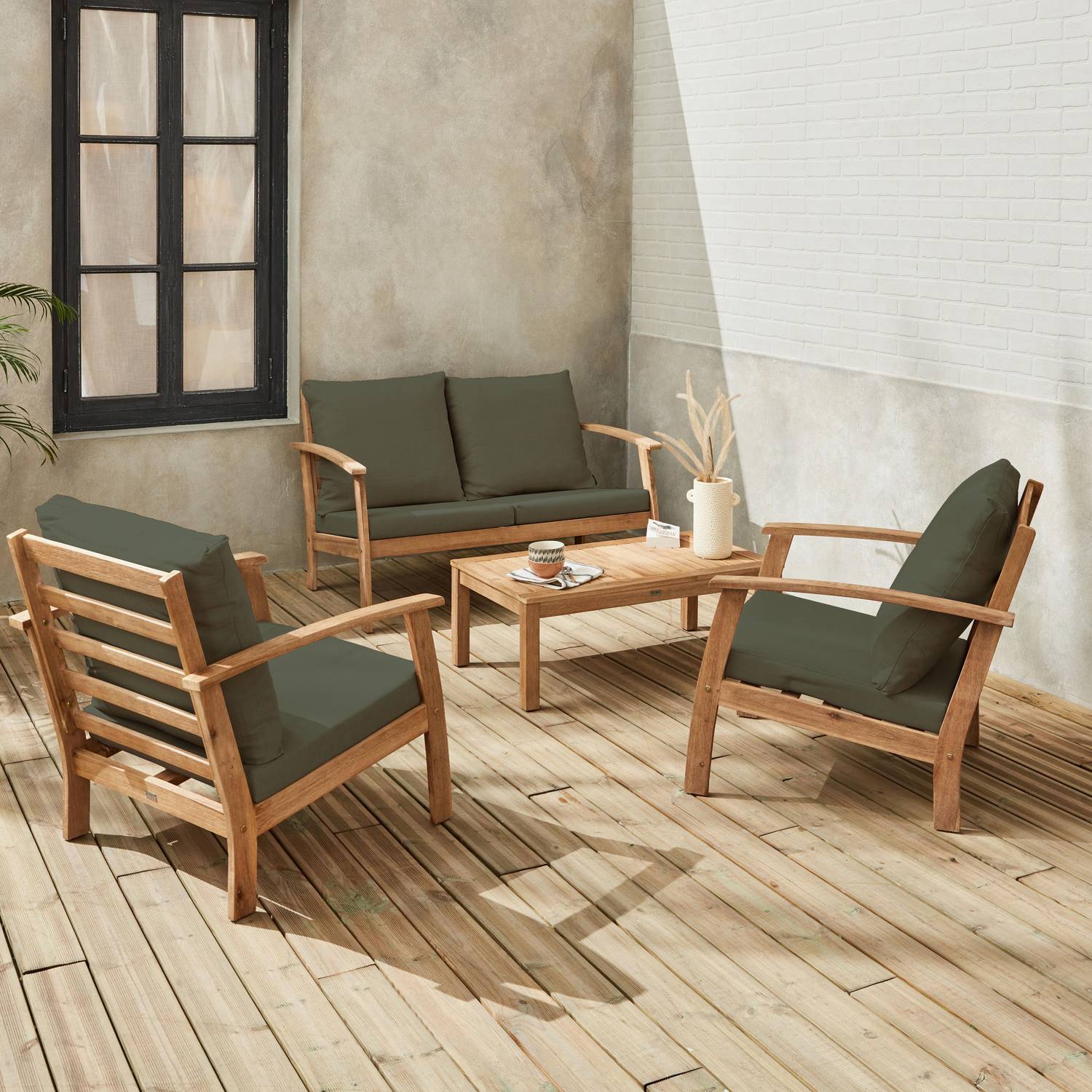 Salon de jardin en bois 4 places - Ushuaïa - Coussins Savane, canapé, fauteuils et table basse en acacia, design Photo1
