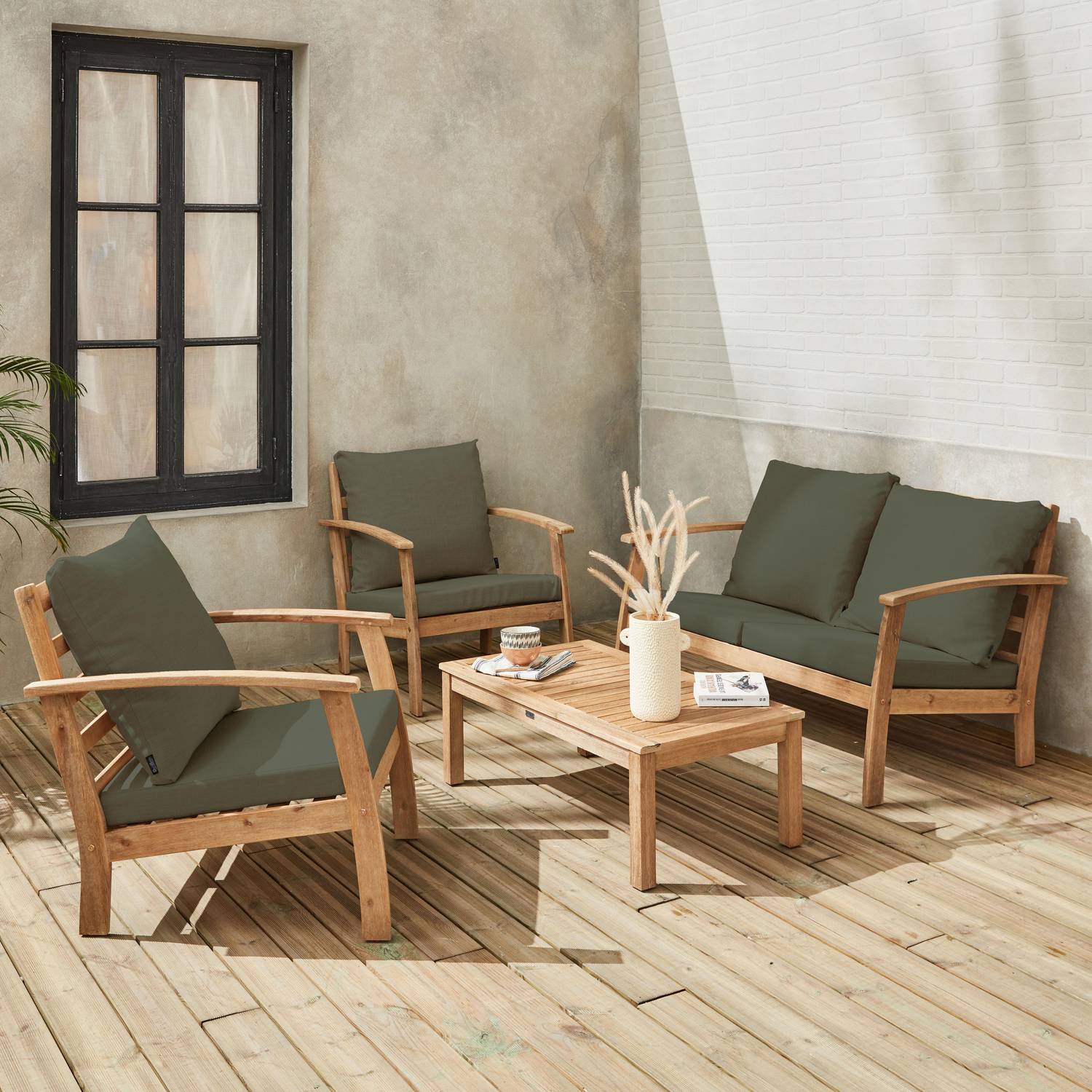 Essgruppe 4 Sitzer aus Akazienholz, 1 Couchtisch,  1 Sofa, 2 Sessel, Kissenbezug salbeigrün - Ushuaïa  Photo2