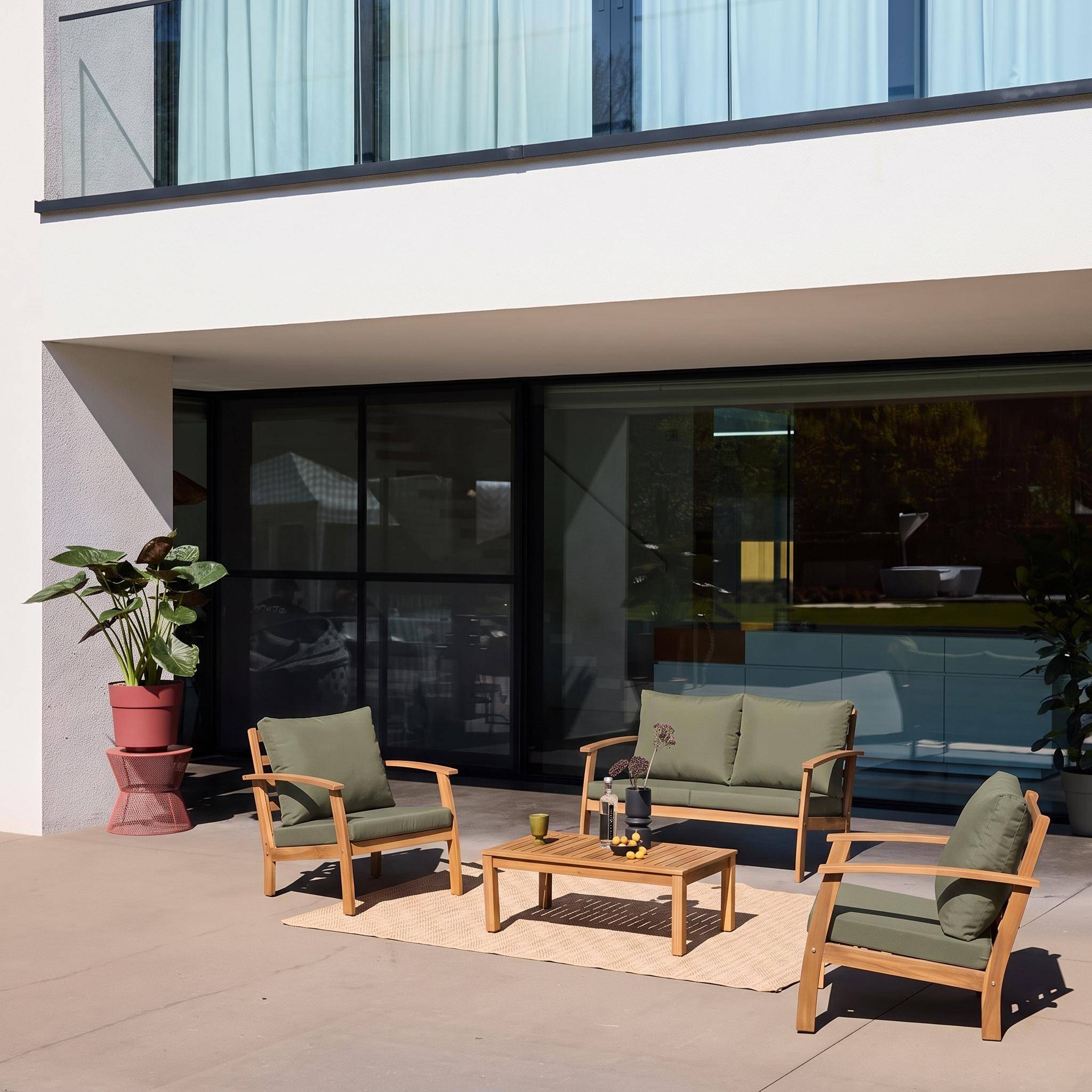 Loungeset voor 4 personen met bank, fauteuil en salontafel van hout kaki - Ushuaïa Photo2