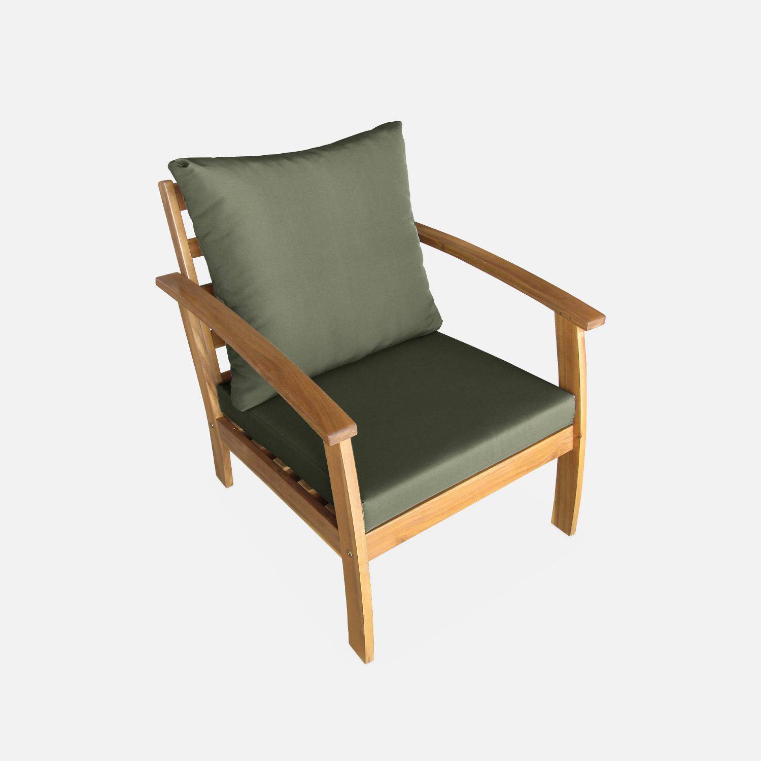 4-osobowy drewniany zestaw mebli ogrodowych - Ushuaïa - poduszki Khaki, sofa, fotele i stolik kawowy z drewna akacjowego Photo5