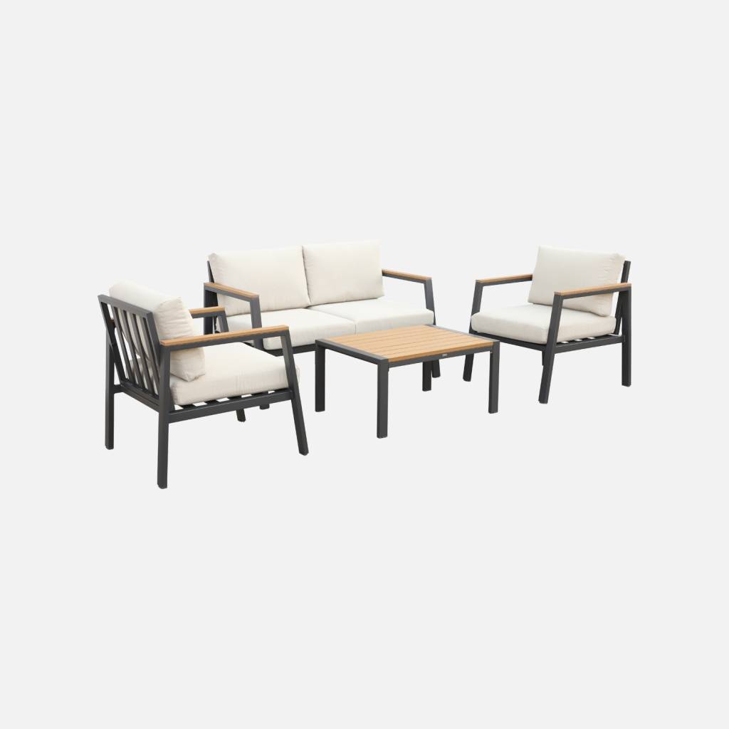 Conjunto de jardim com sofá e poltronas em alumínio e madeira, 4 lugares, Antracite