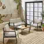 Conjunto de mobiliário de jardim Casoria, bege, alumínio e madeira polida 4 lugares, 1 sofá, 2 poltronas, 1 mesa de centro Photo1
