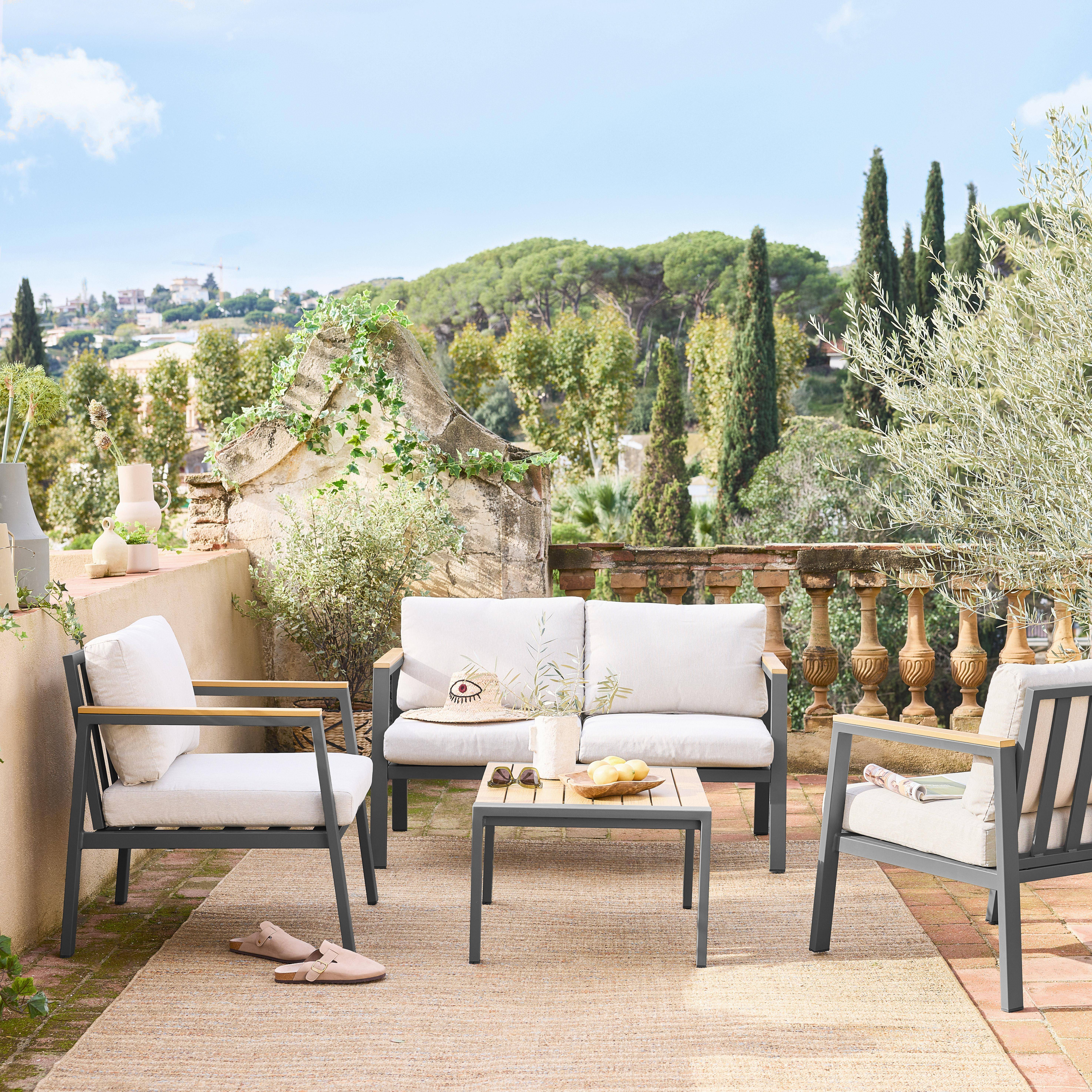 Gartenlounge-Set , Aluminium und Polywood 4-Sitzer, 1 Sofa, 2 Sessel, 1 Couchtisch, Bezug beige - Casoria,sweeek,Photo1
