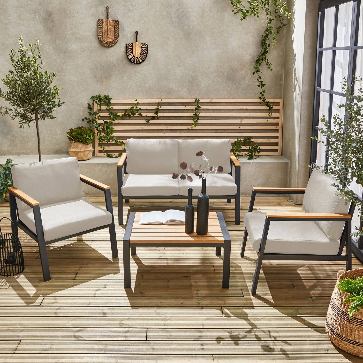Salon de jardin Casoria, beige, aluminium et polywood 4 places, 1 canapé, 2 fauteuils, 1 table basse Photo2