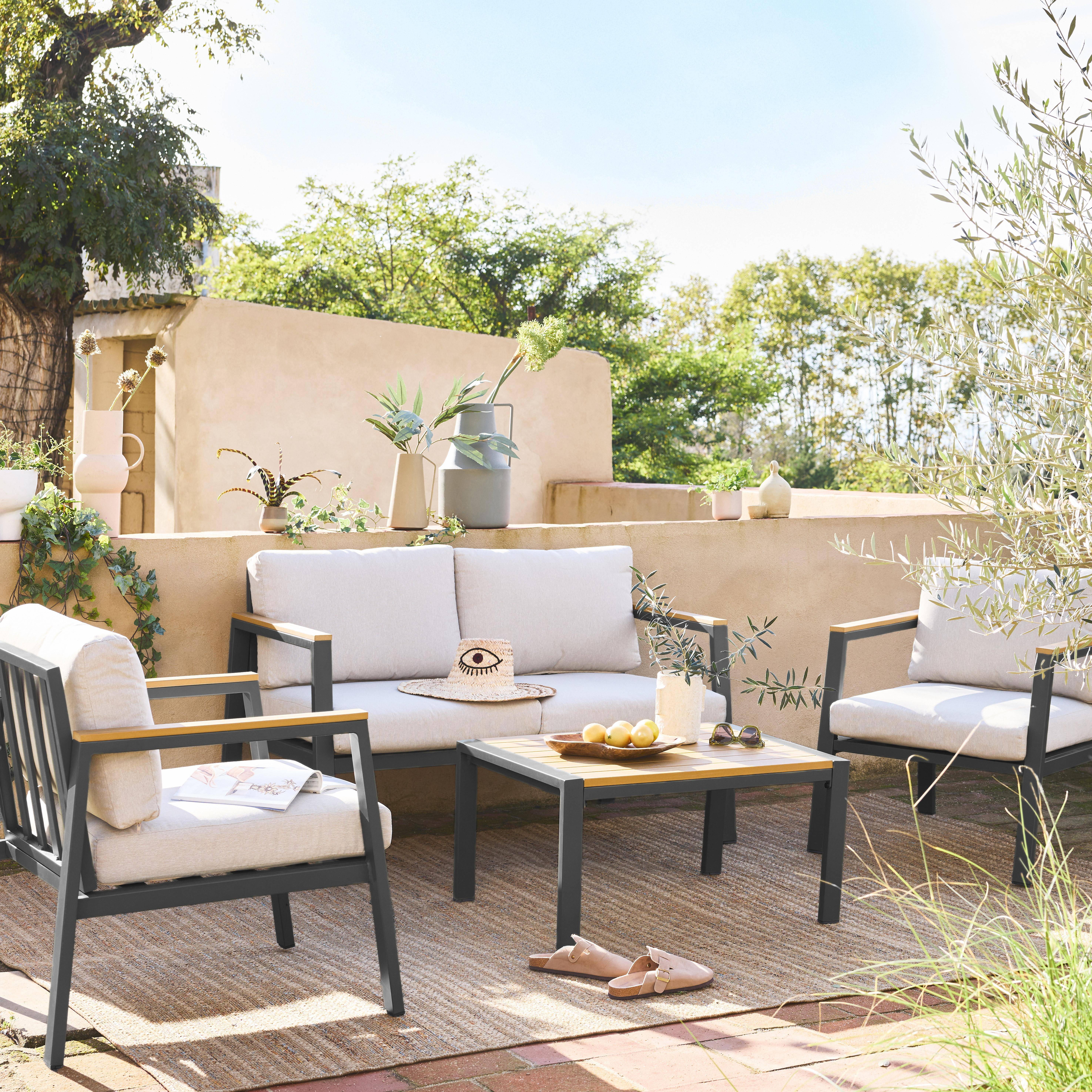 Gartenlounge-Set , Aluminium und Polywood 4-Sitzer, 1 Sofa, 2 Sessel, 1 Couchtisch, Bezug beige - Casoria Photo2