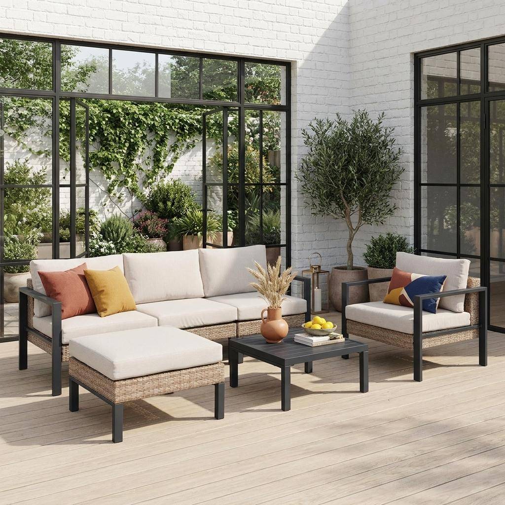 Gartenlounge-Set, Aluminium und Polyrattan, 5 Sitzplätze, beige. L 68 x T 74 x H 63 / 76 cm - Velletri Photo1