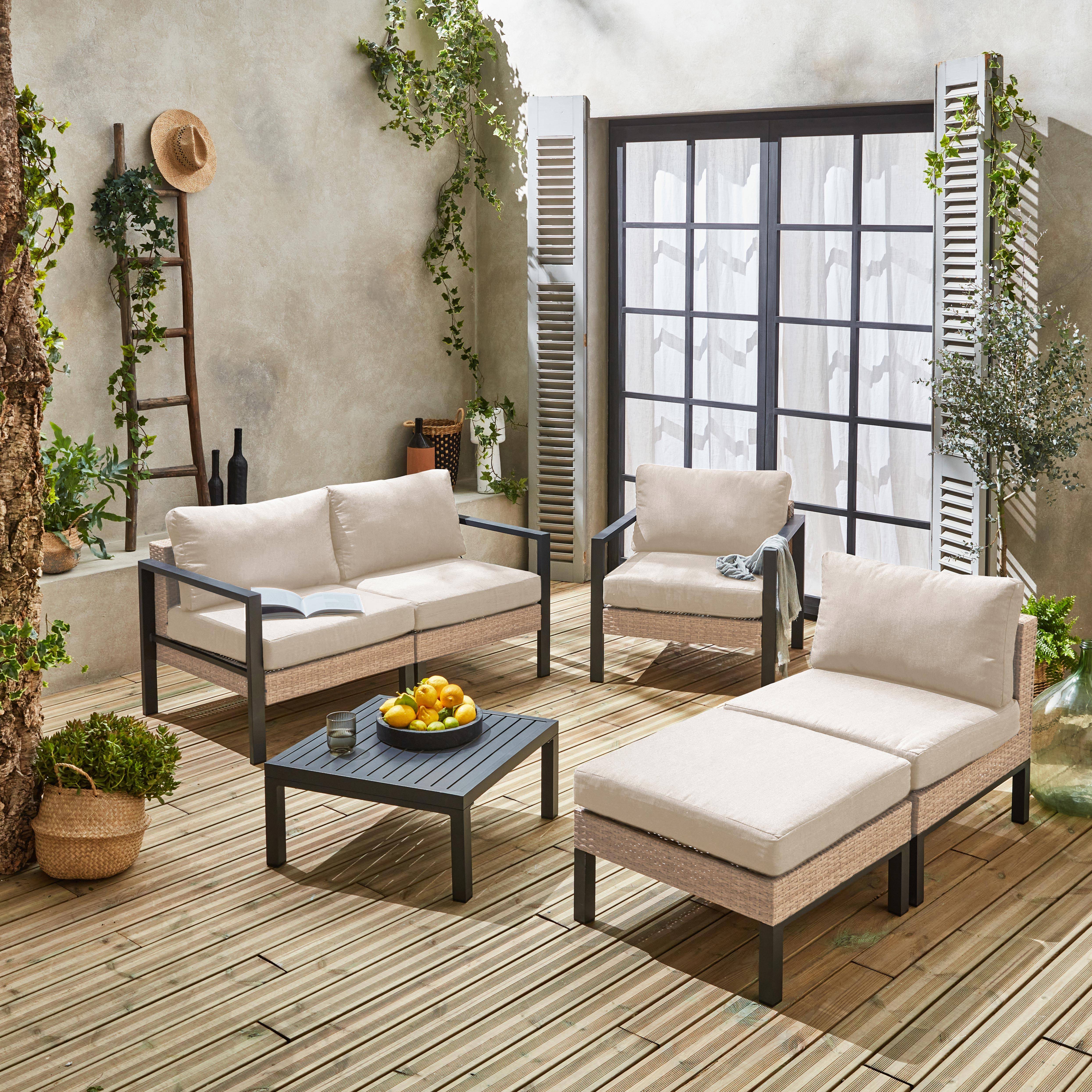 Gartenlounge-Set, Aluminium und Polyrattan, 5 Sitzplätze, beige. L 68 x T 74 x H 63 / 76 cm - Velletri,sweeek,Photo4