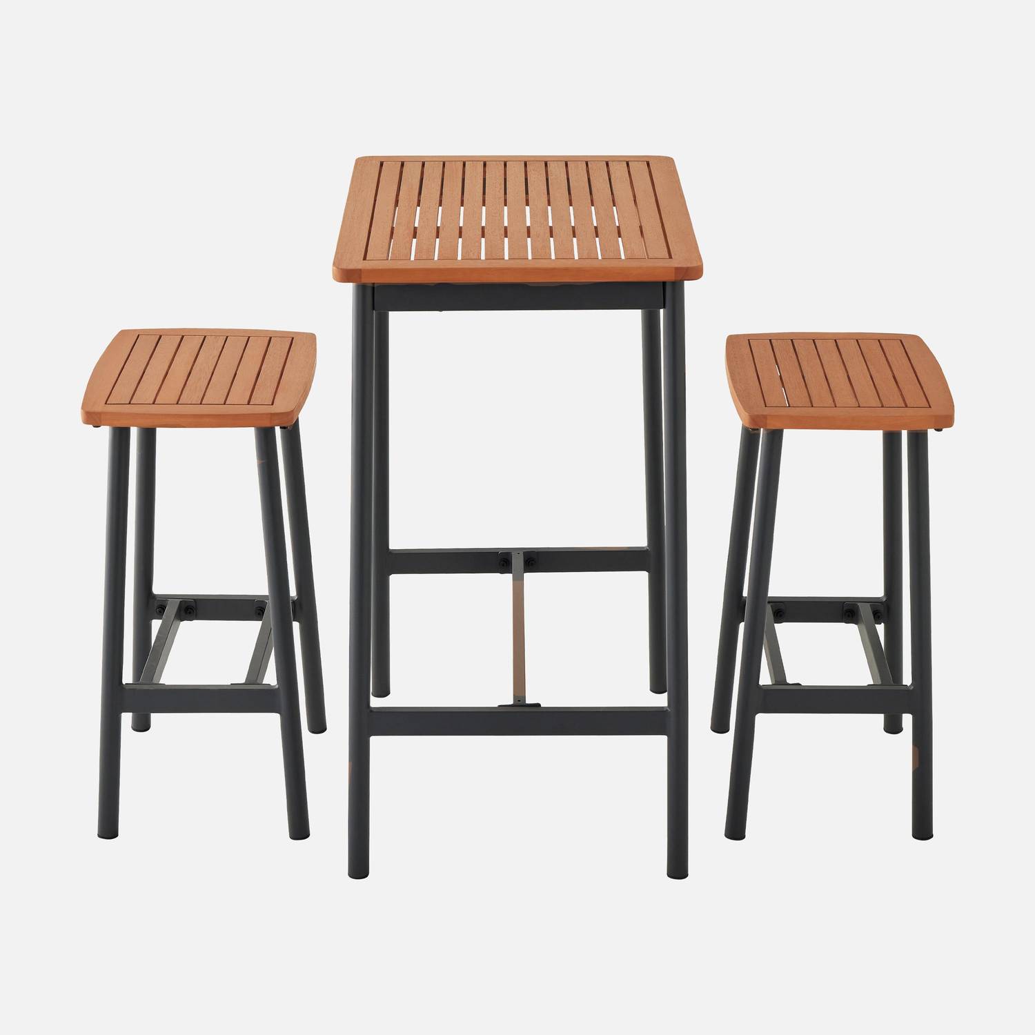 Set complet table de bar extérieur + 2 tabouret bois d'eucalyptus FSC couleur anthracite anticorrosion IPIRA Photo6