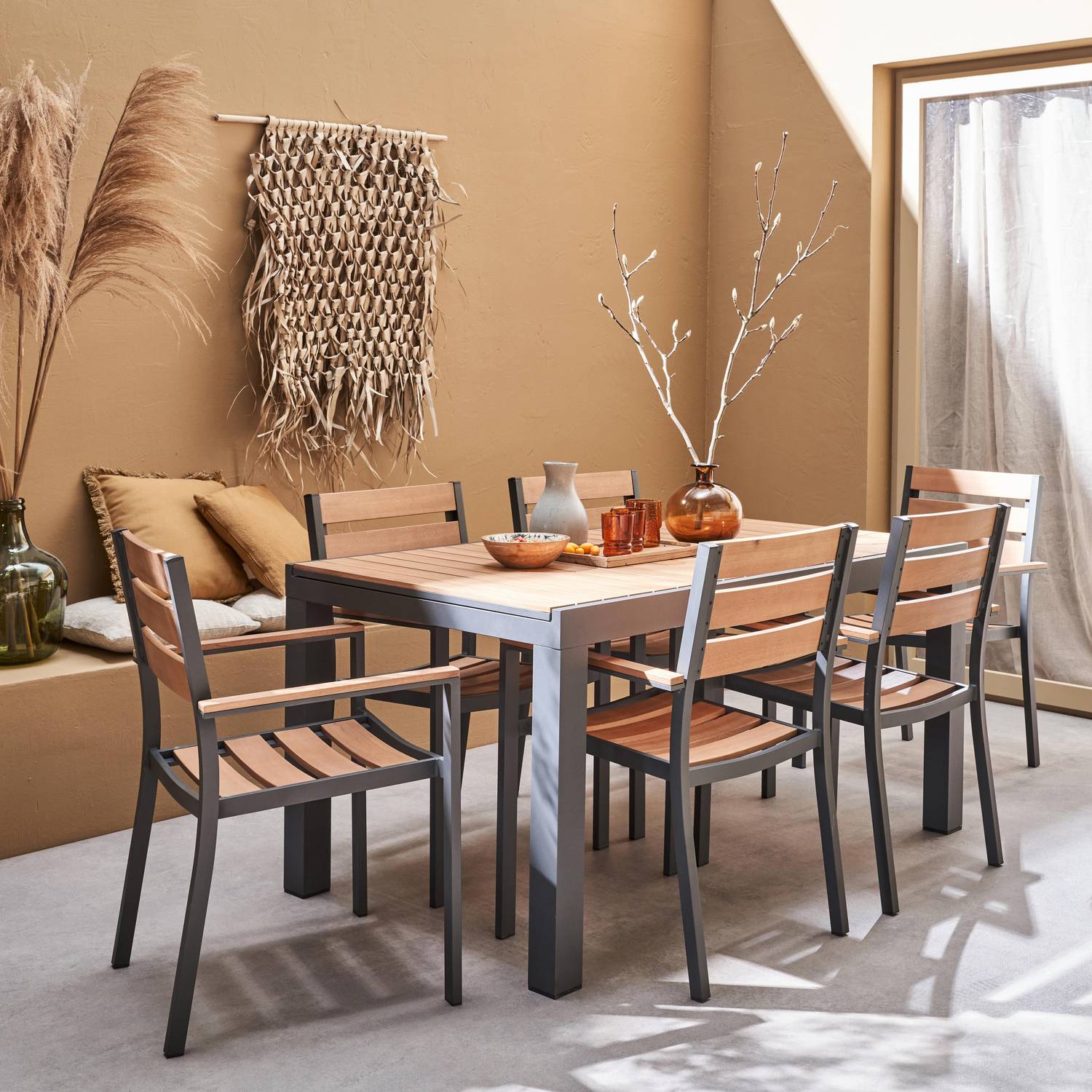 Set complet tables de jardin extensible papillon 150/195cm anthracite + 6 fauteuils empilables, bois d'eucalyptus et structure aluminium Photo1