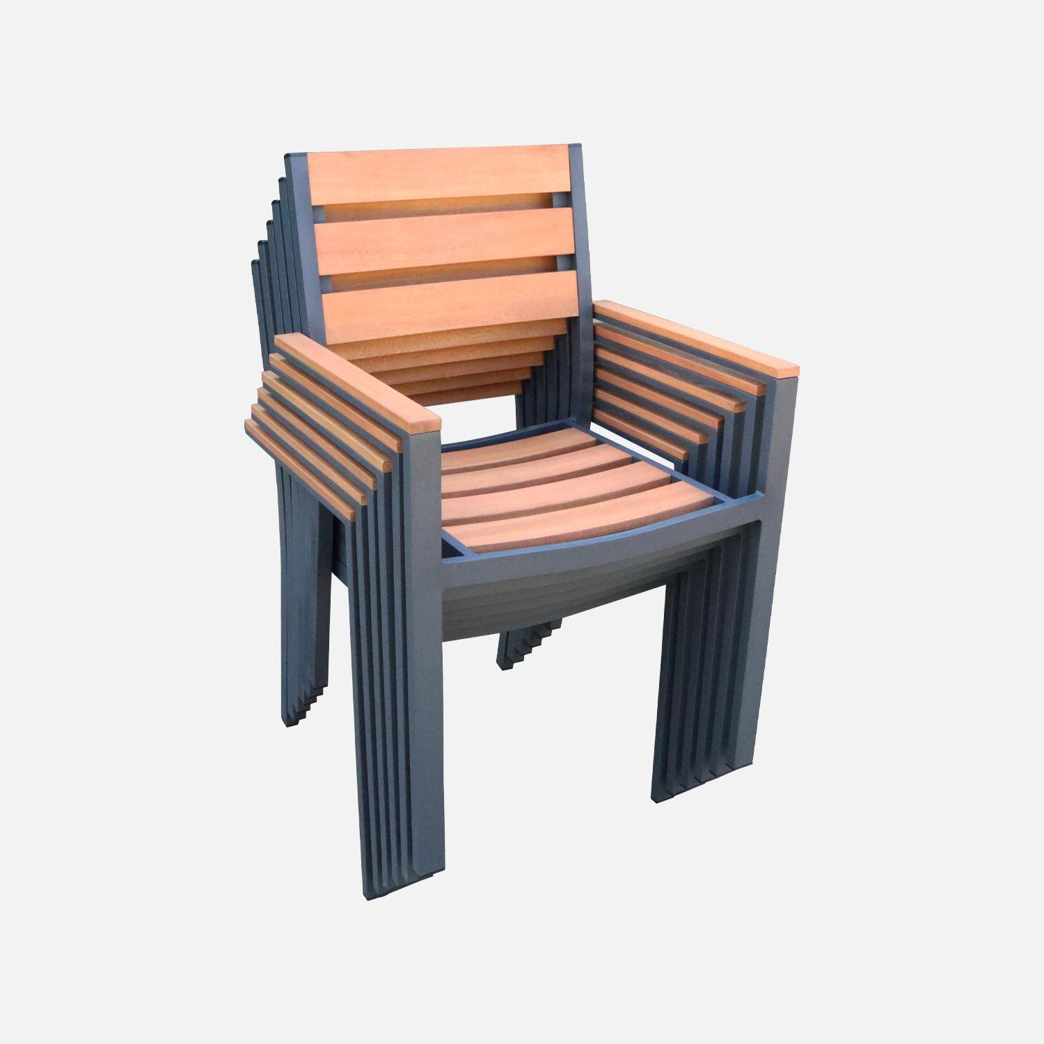 Set complet tables de jardin extensible papillon 150/195cm anthracite + 6 fauteuils empilables, bois d'eucalyptus et structure aluminium Photo9