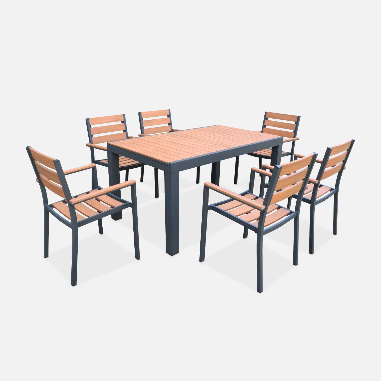 Set complet tables de jardin extensible papillon 150/195cm anthracite + 6 fauteuils empilables, bois d'eucalyptus et structure aluminium Photo5