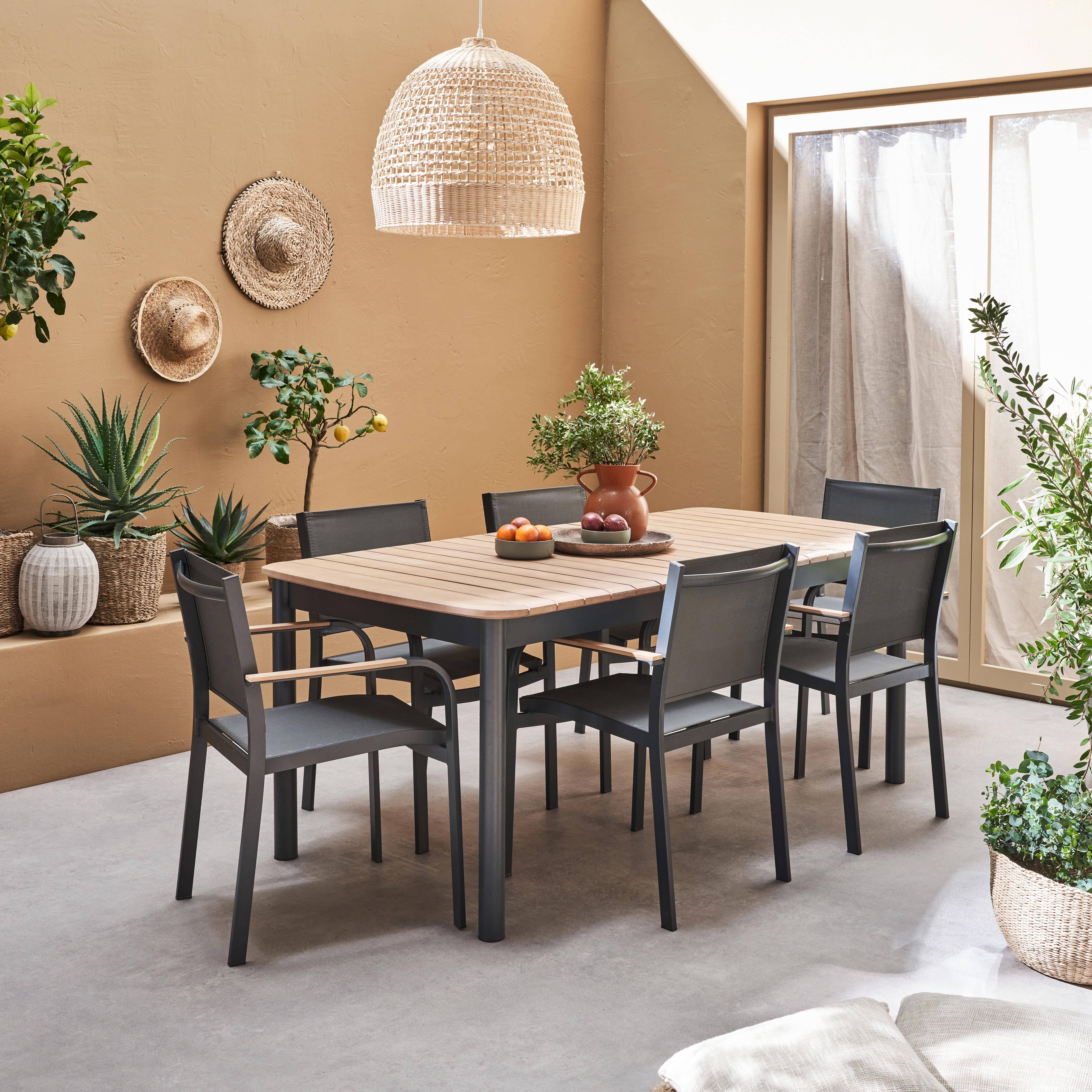 Table de jardin bois d'eucalyptus et aluminium + 8 assises SAMANA 190/254.4 x 93.5 x 76cm + 8 fauteuils couleurs bois clair anthracite, bois d'eucalyptus Photo2