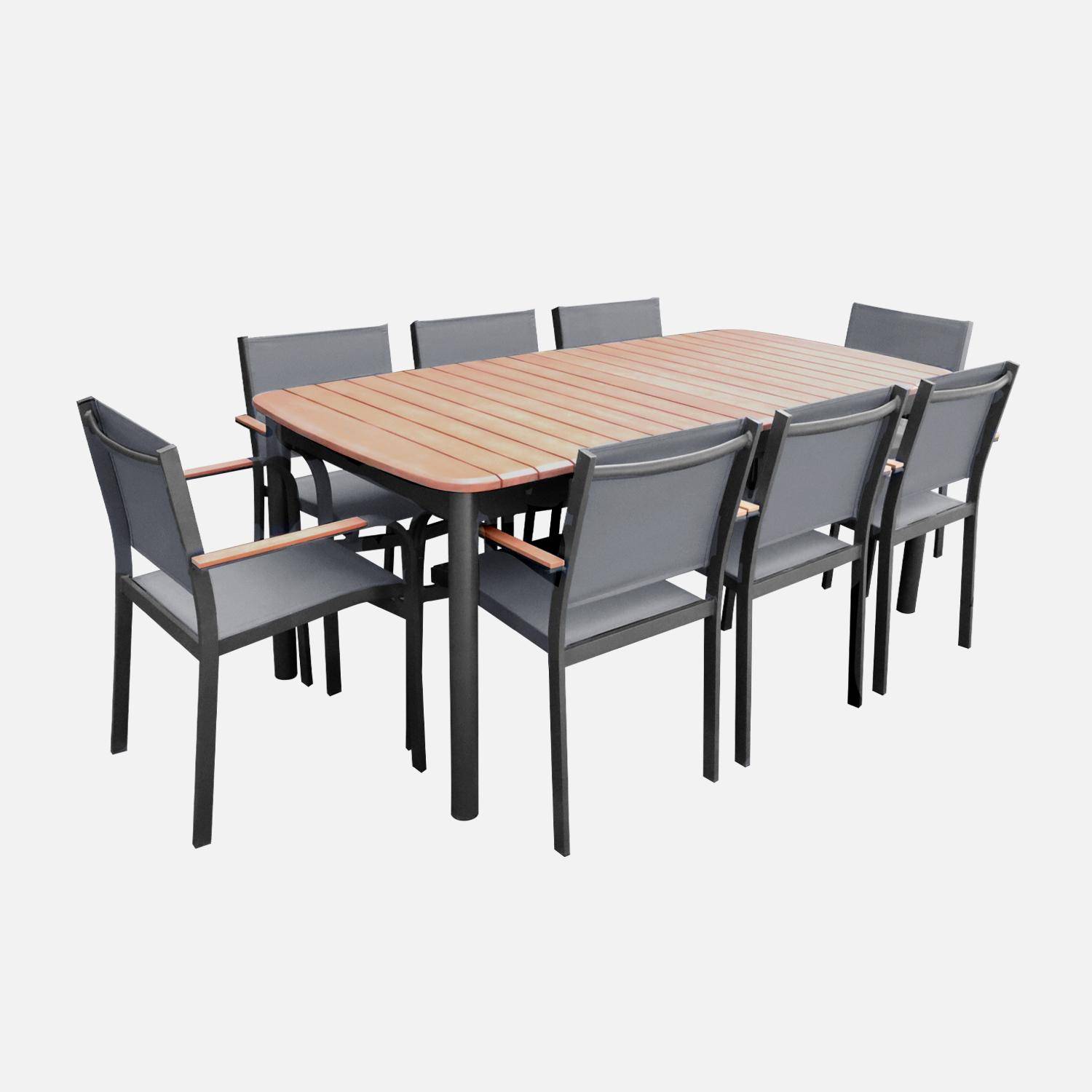 Table de jardin bois d'eucalyptus et aluminium + 8 assises SAMANA 190/254.4 x 93.5 x 76cm + 8 fauteuils couleurs bois clair anthracite, bois d'eucalyptus Photo3