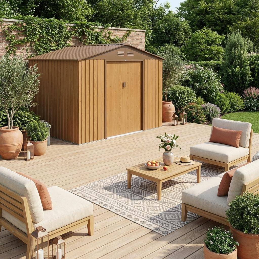 Metalowy domek ogrodowy - FERRAIN 5,29m² kolor dębowy - Szopa narzędziowa, 2 duże drzwi przesuwne, zestaw do mocowania do podłoża Photo1