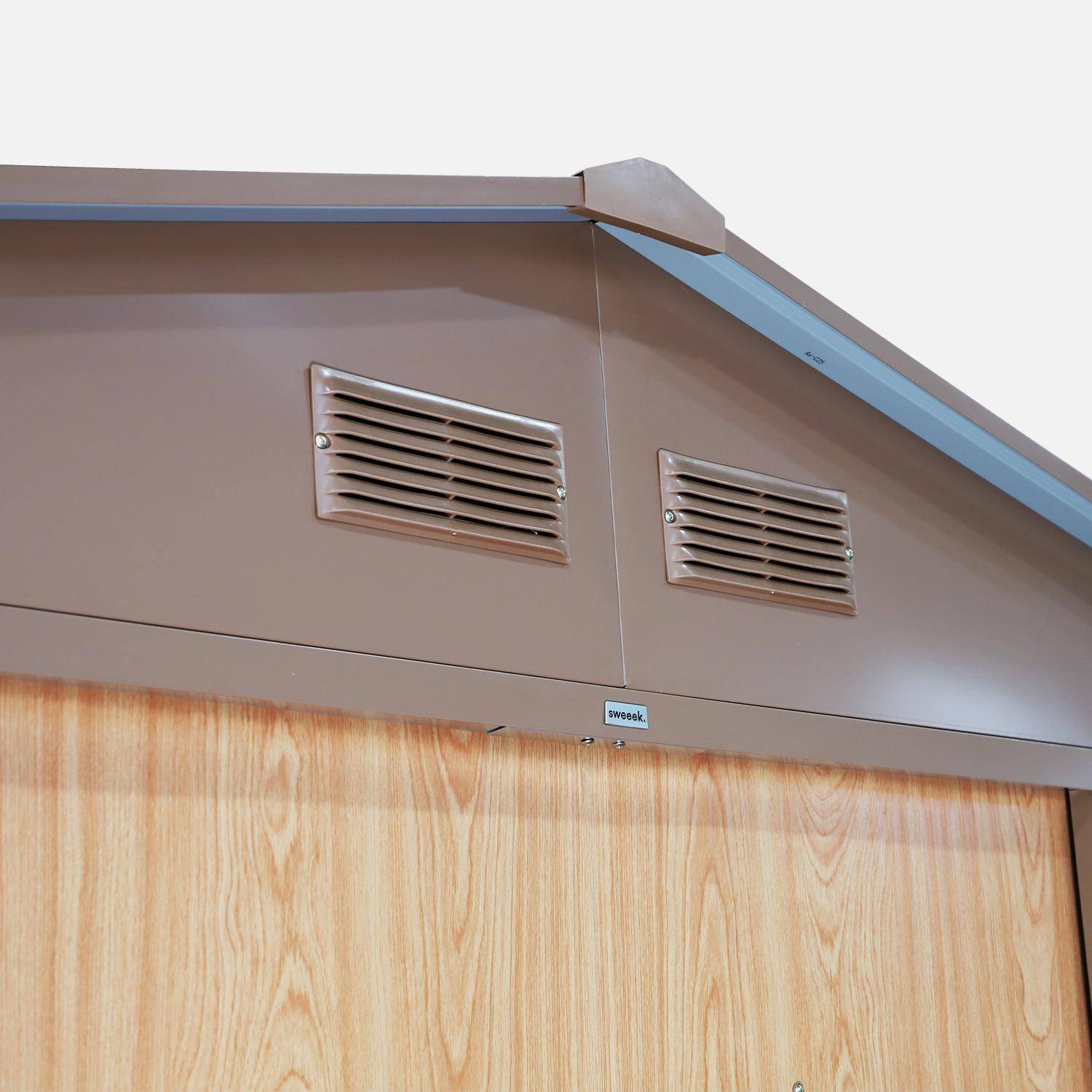 Metalowy domek ogrodowy - FERRAIN 5,29m² kolor dębowy - Szopa narzędziowa, 2 duże drzwi przesuwne, zestaw do mocowania do podłoża,sweeek,Photo5