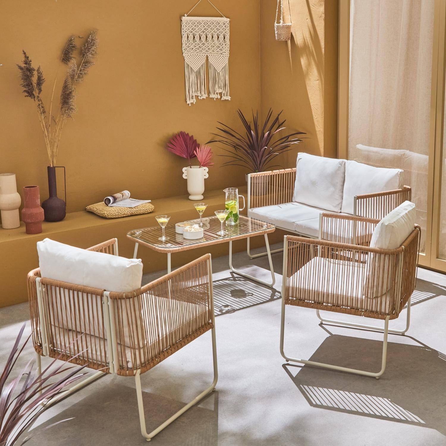 Salon de jardin en corde résine plastique et acier galvanisé, table basse en verre trempé, 4 places ,sweeek,Photo2