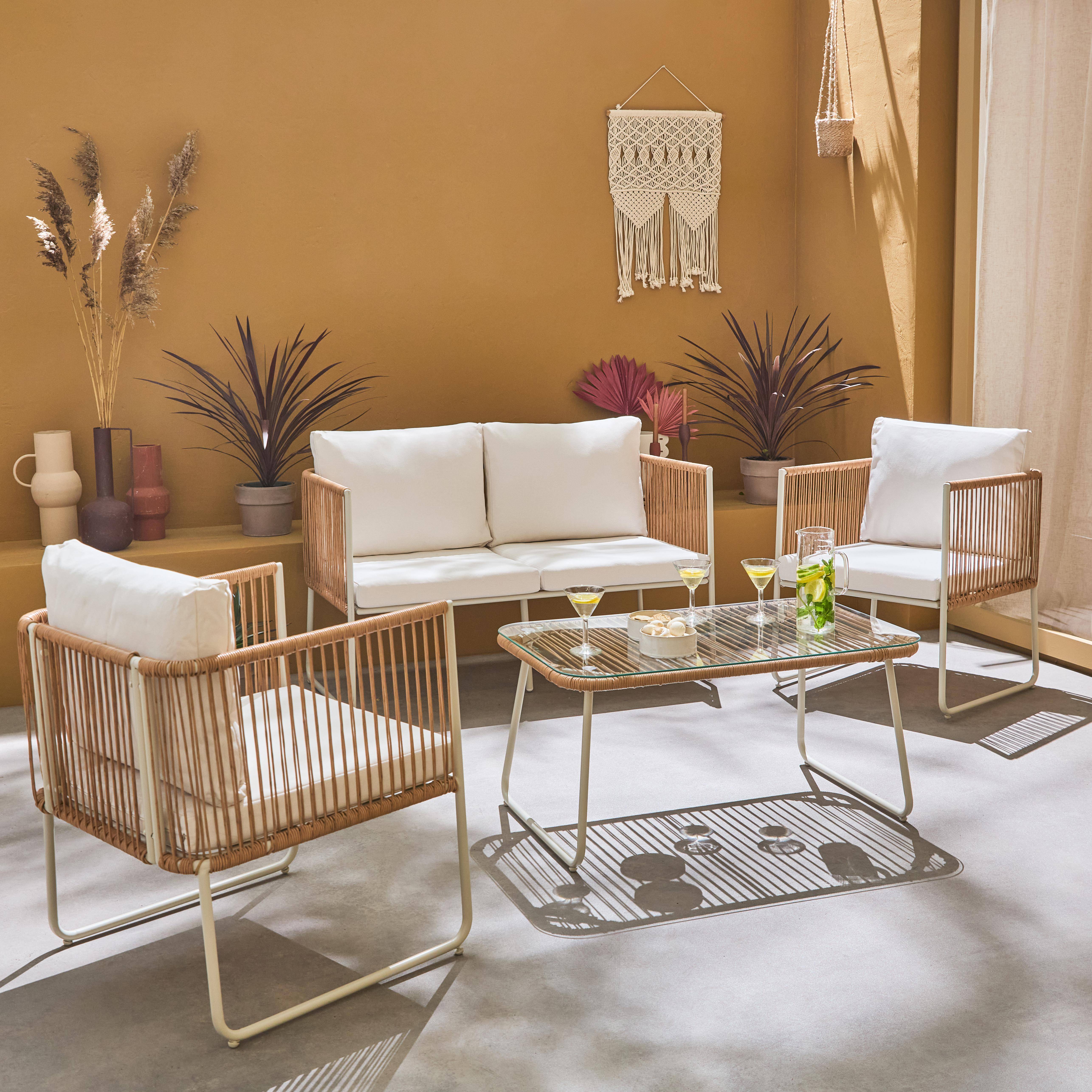 Conjunto de mesa alta con tapa de cristal + 6 taburetes de rattan