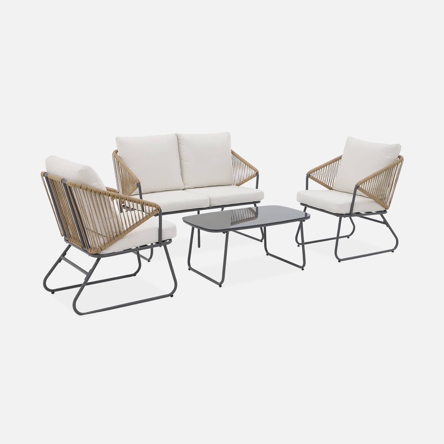 Conjunto de mobiliário de jardim relax em metal e resina natural, 4 lugares, Antracite