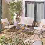 Salon de jardin métal et résine naturelle, coussins beiges, 4 places Photo1