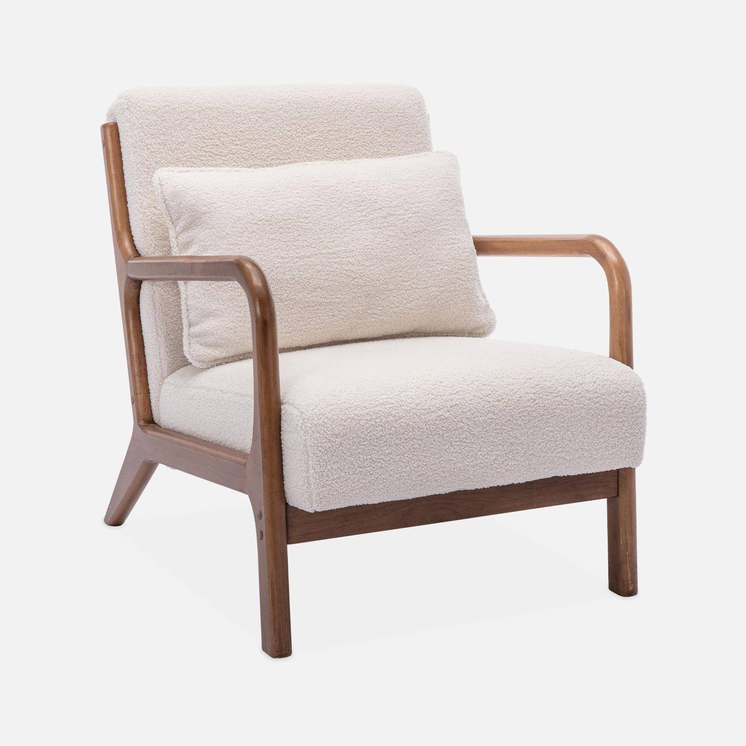 Cosy boucle wooden armchair with scandi-style compass legs and cushion, Light Walnut Stained Hevea Wood, Lorens, White,sweeek,Photo3