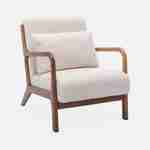 Cosy boucle wooden armchair with scandi-style compass legs and cushion, Light Walnut Stained Hevea Wood, Lorens, White Photo3