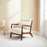 Cosy boucle wooden armchair with scandi-style compass legs and cushion, Light Walnut Stained Hevea Wood, Lorens, White Photo1