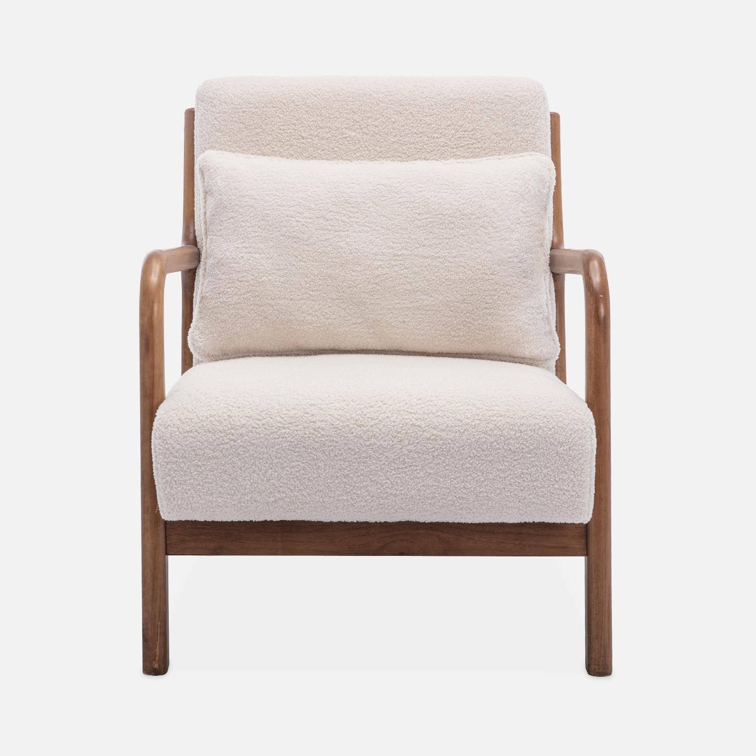 Cosy boucle wooden armchair with scandi-style compass legs and cushion, Light Walnut Stained Hevea Wood, Lorens, White,sweeek,Photo4