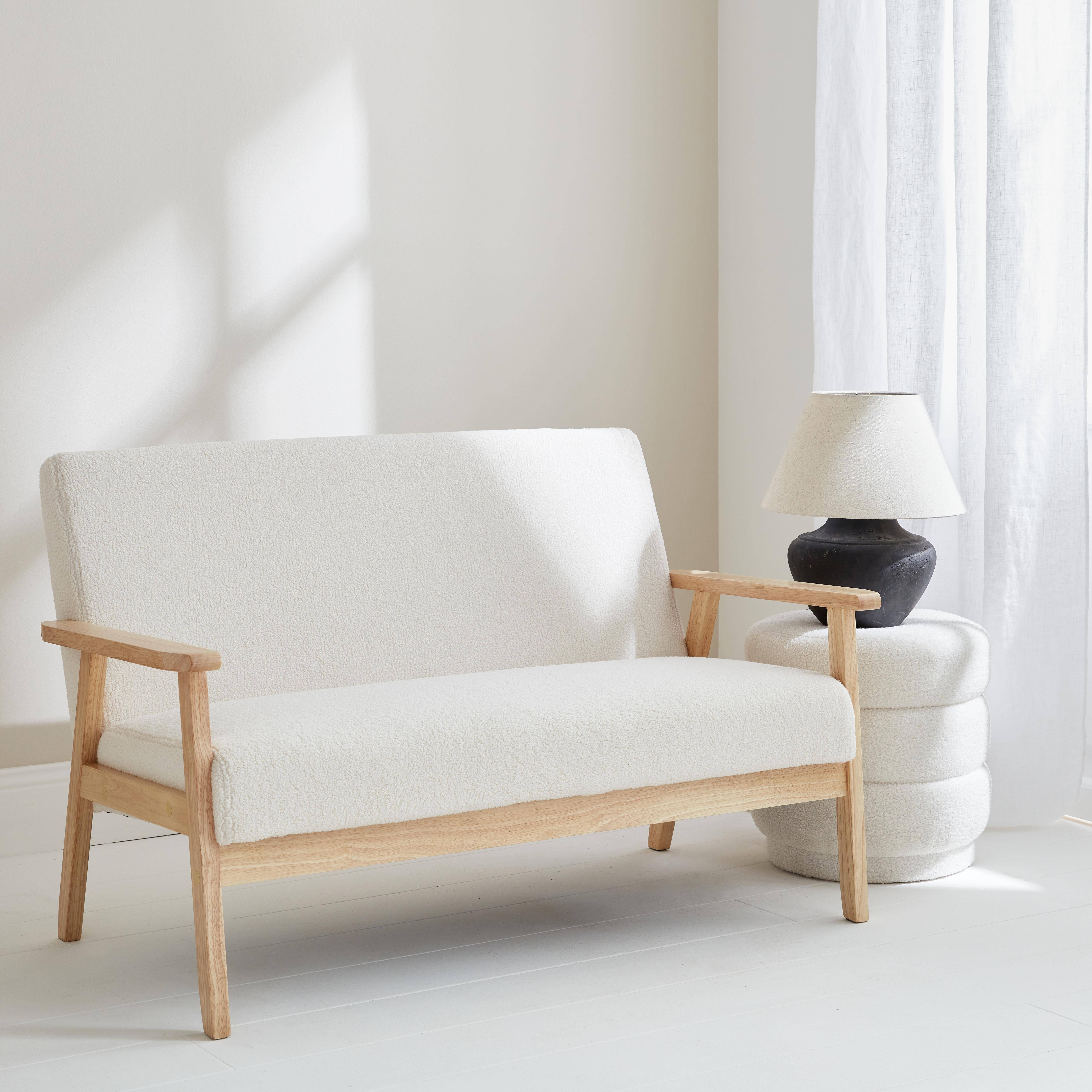 Scandi-style 2-seater boucle sofa, wooden frame, L114 x D69.5 x H73cm, white, Isak,sweeek,Photo1