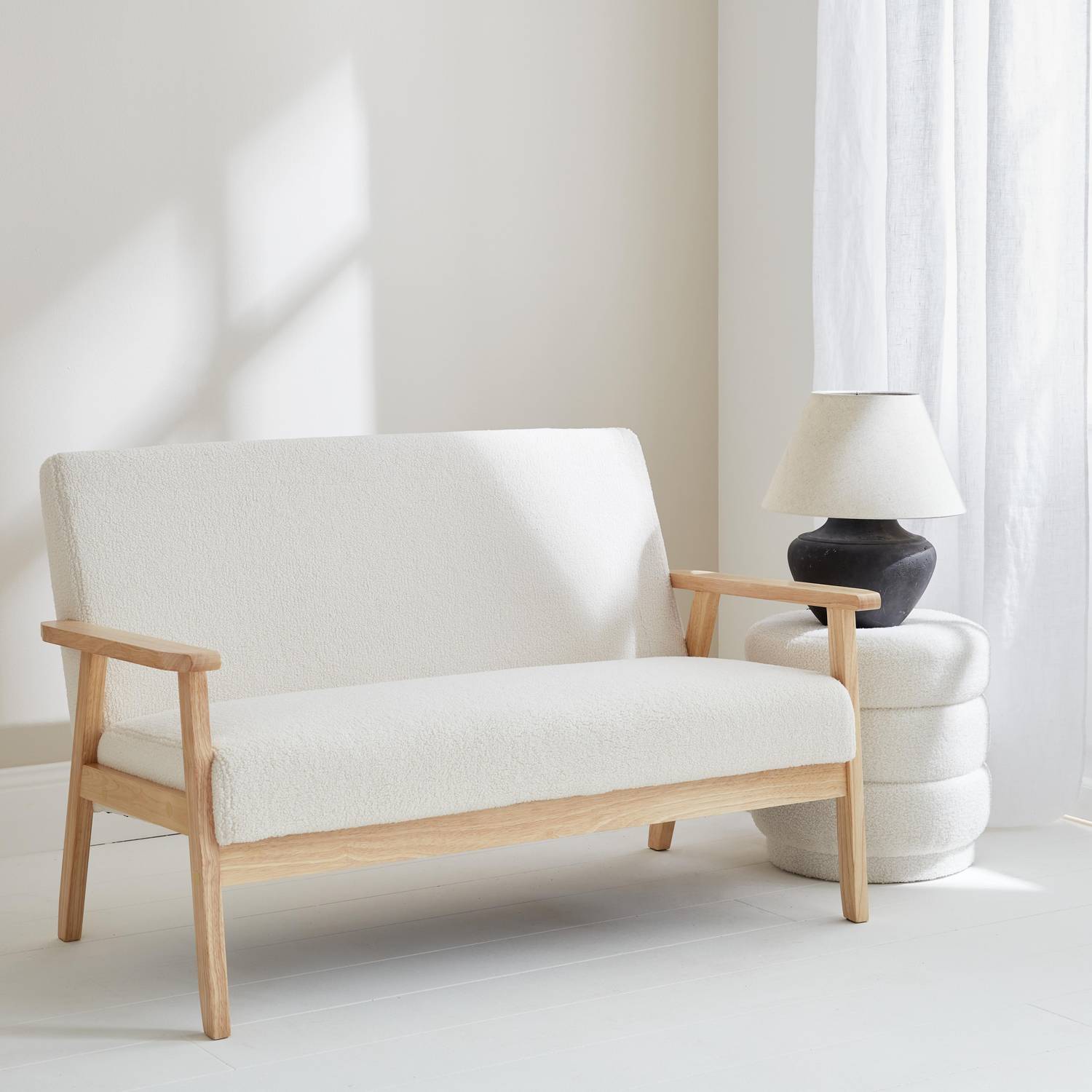 Scandi-style 2-seater boucle sofa, wooden frame, L114 x D69.5 x H73cm, white, Isak Photo1