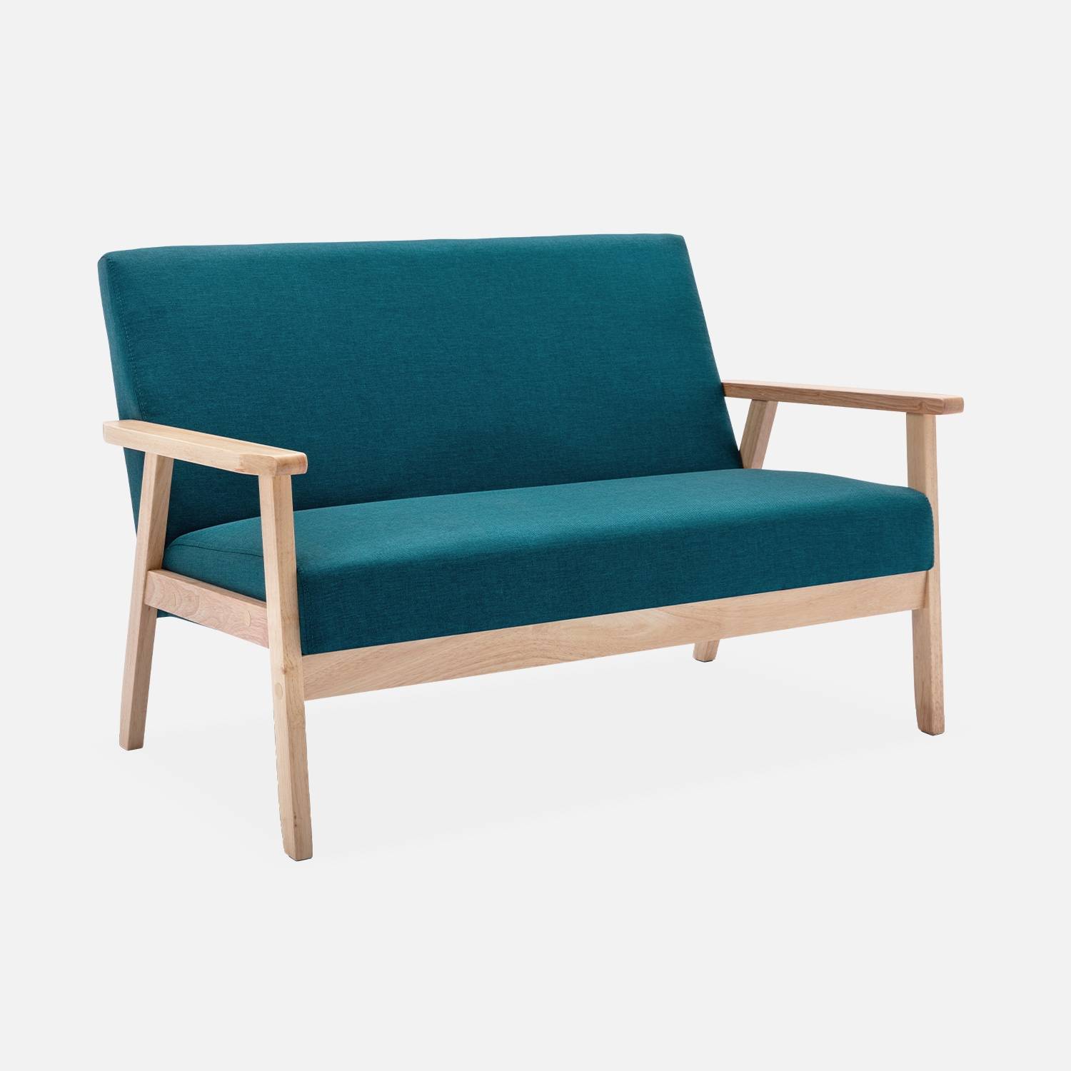 Scandi-style 2-seater sofa, wooden frame, 113x70.5x73cm, Petrol Blue | sweeek