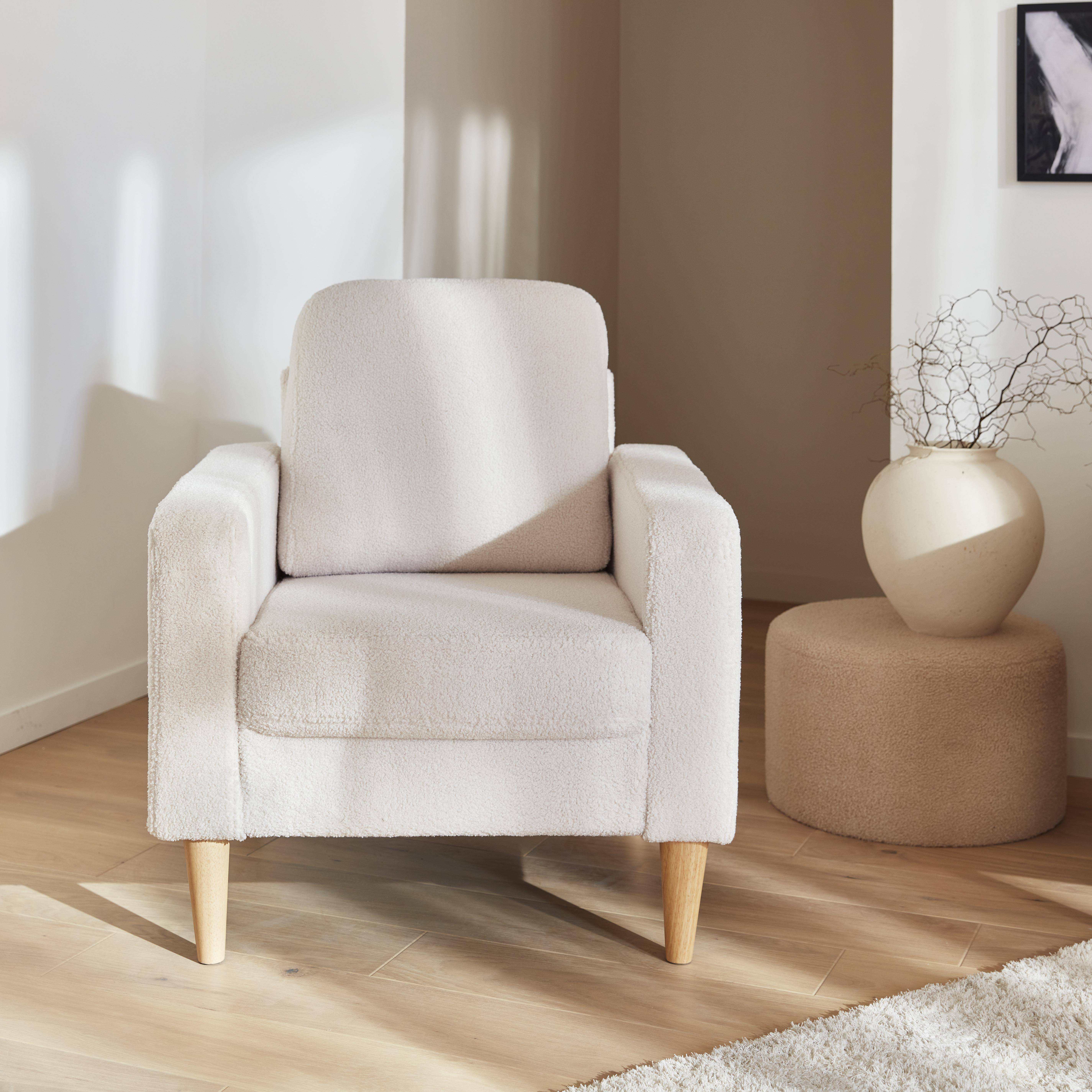 Scandi-style armchair with wooden legs - Bjorn - white boucle,sweeek,Photo2