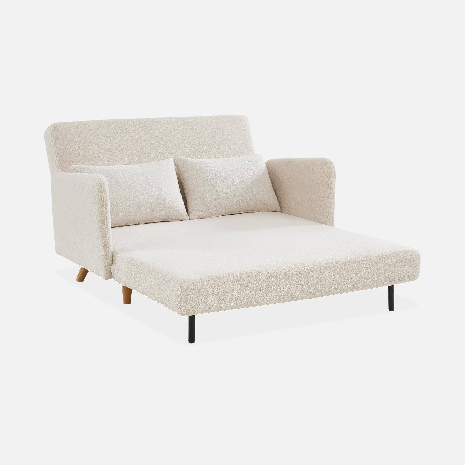 Sleeper, 2-seater Scandinavian sofa bed, wooden legs, white bouclette, reclining backrest,sweeek,Photo6