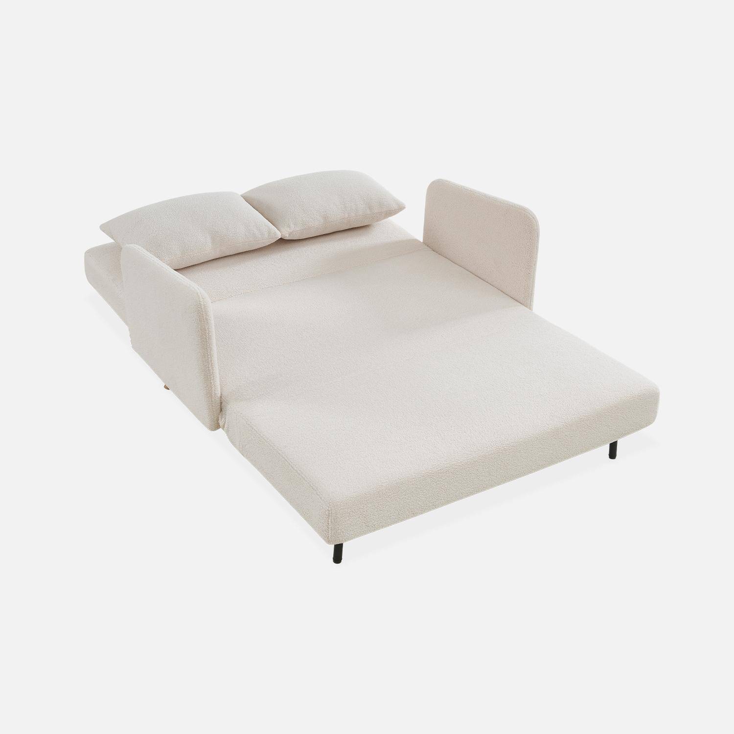 Sleeper, 2-seater Scandinavian sofa bed, wooden legs, white bouclette, reclining backrest,sweeek,Photo7