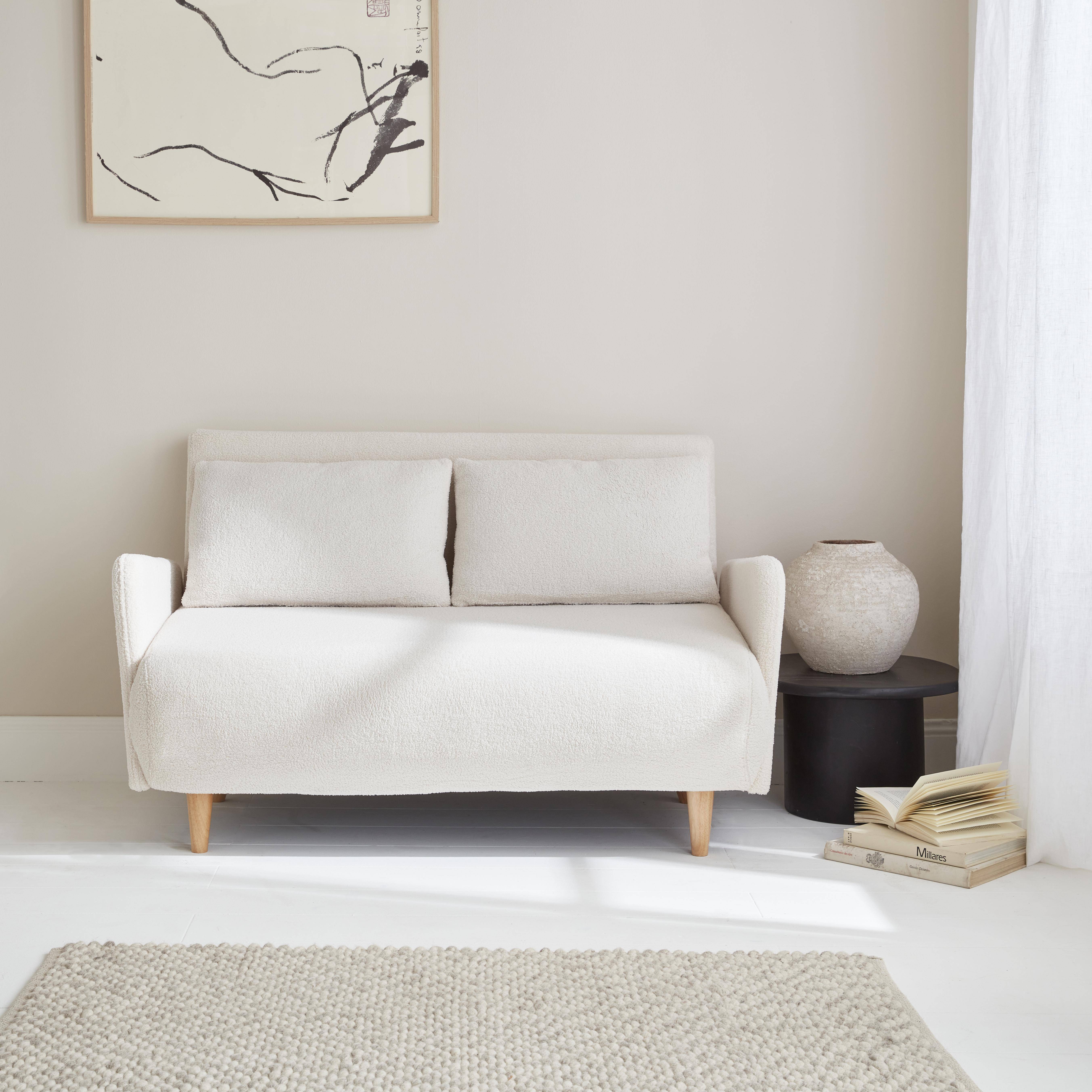 Sleeper, 2-seater Scandinavian sofa bed, wooden legs, white bouclette, reclining backrest,sweeek,Photo1