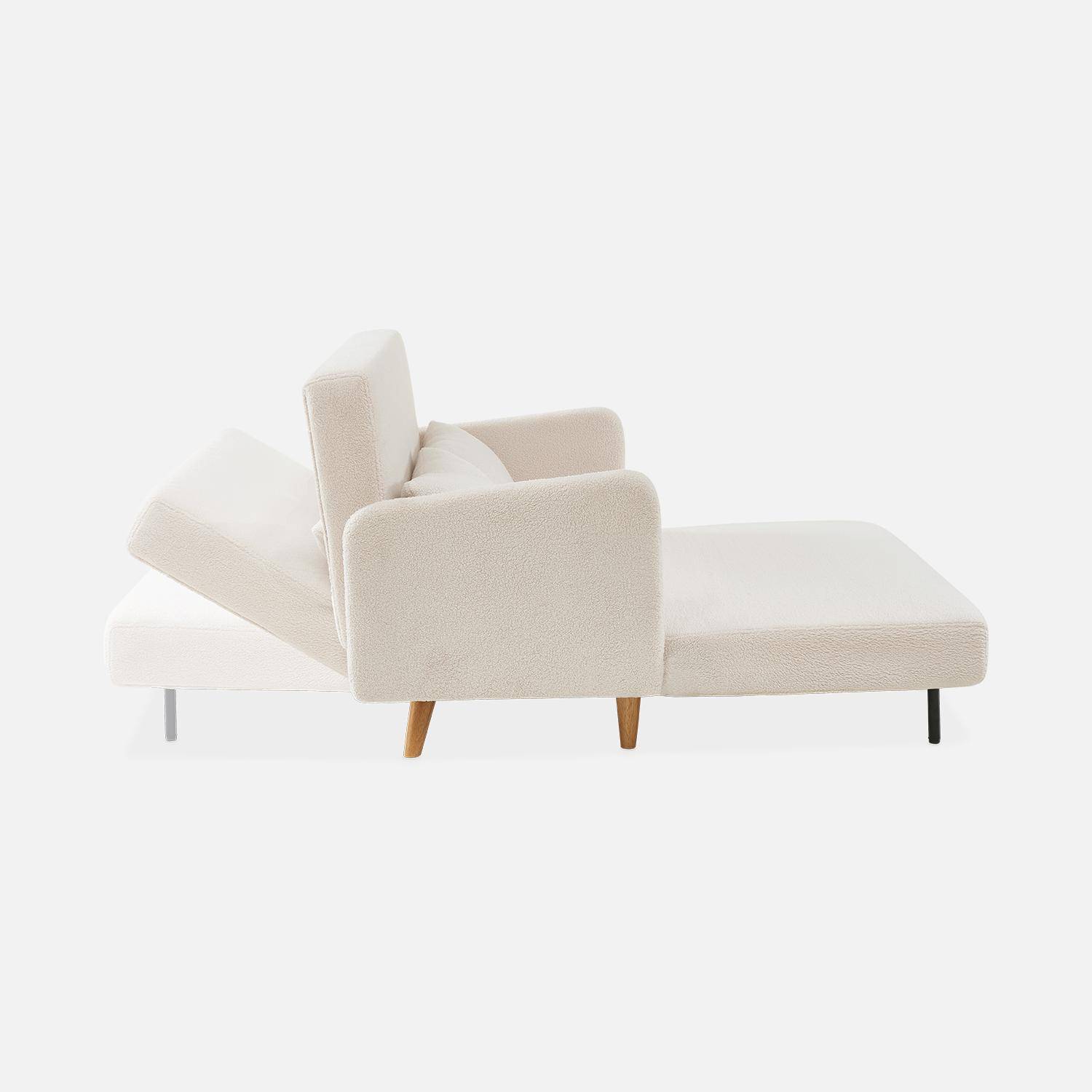 Sleeper, 2-seater Scandinavian sofa bed, wooden legs, white bouclette, reclining backrest,sweeek,Photo8
