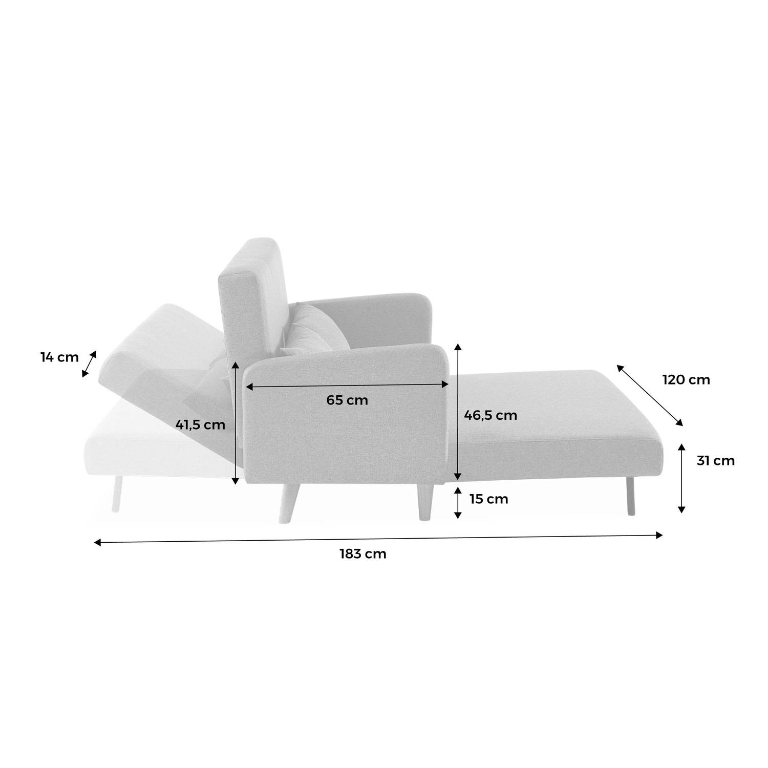 2-Seater convertible sofa with wooden legs, L130 x l81 x H82cm, grey Photo10