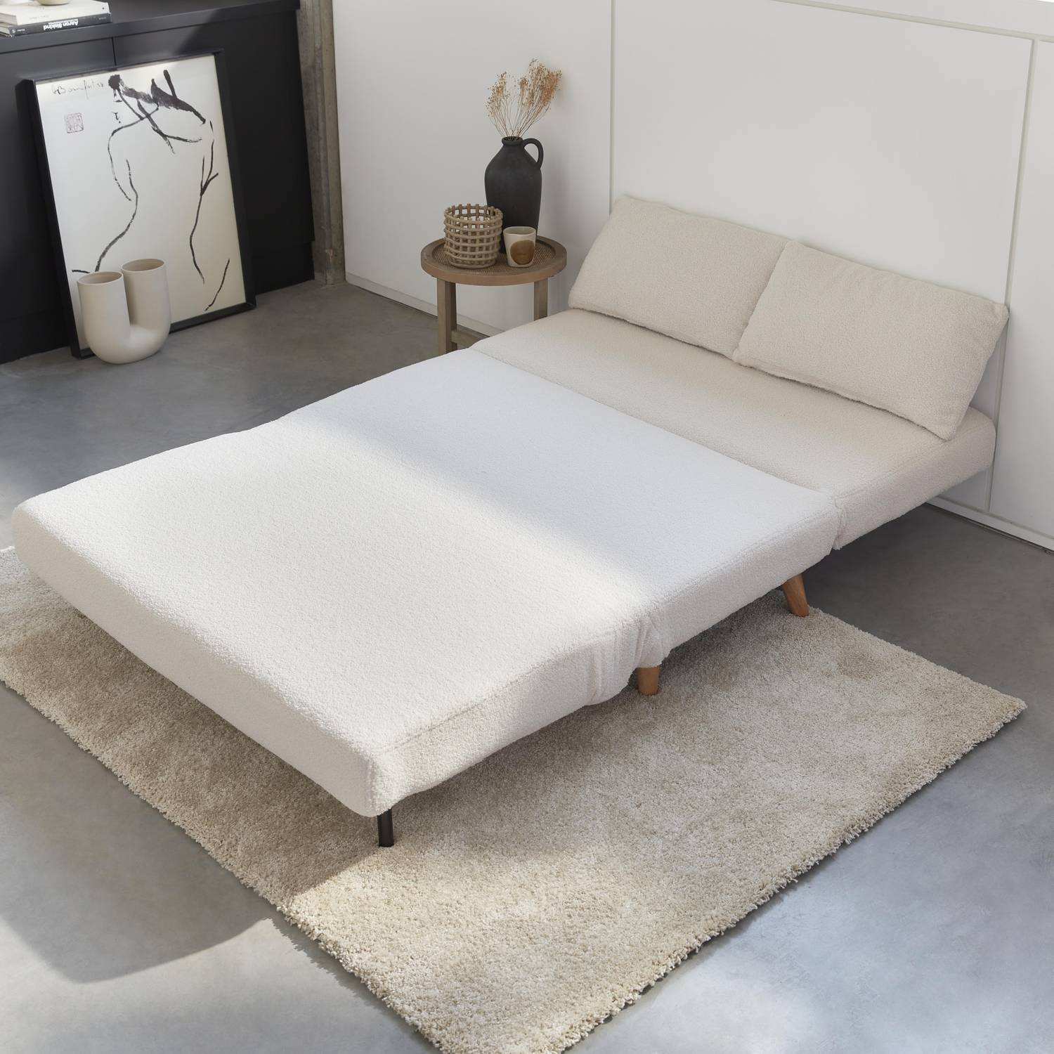 Sleeper, 2-Seater Convertible Sofa with Wooden Legs,  L120xW81xH82cm, white bouclette Photo2