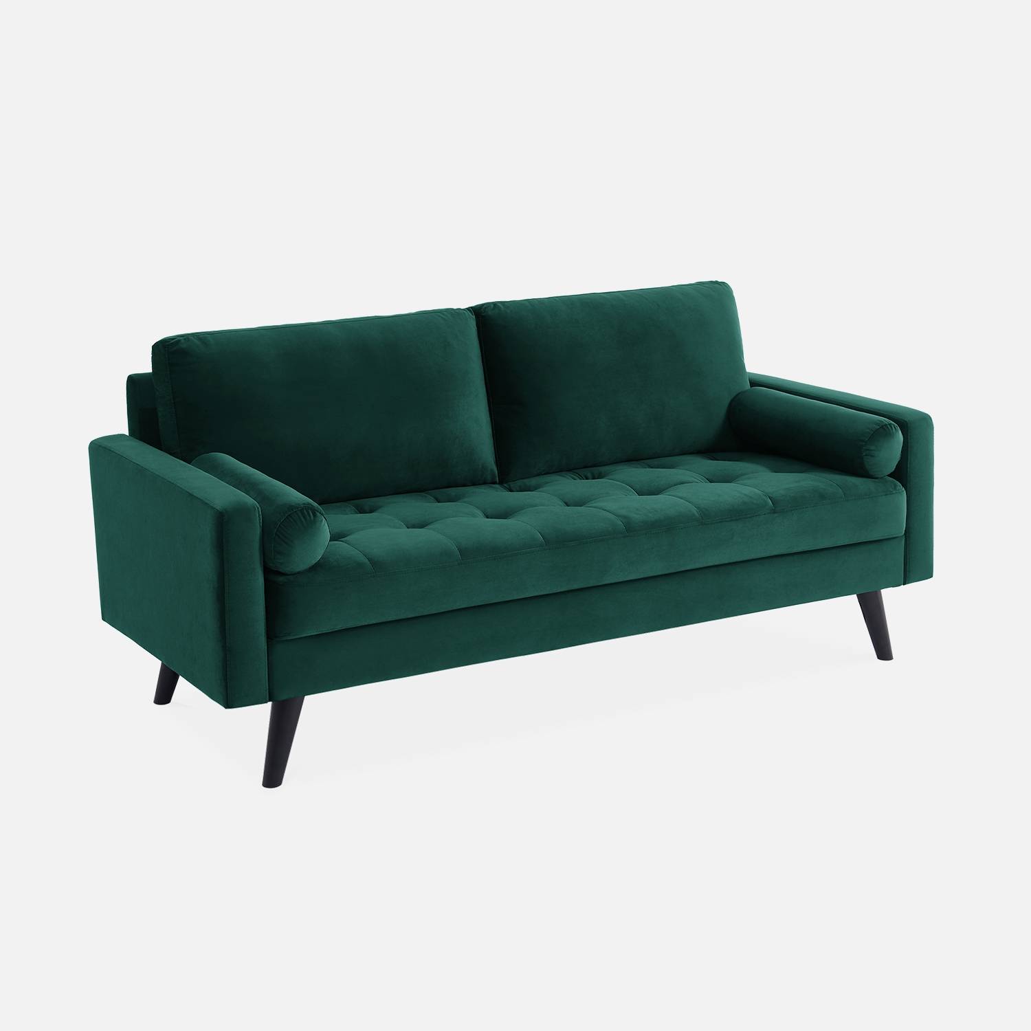 Velvet vintage style 3-seater sofa with Scandi style wooden legs, green | sweeek