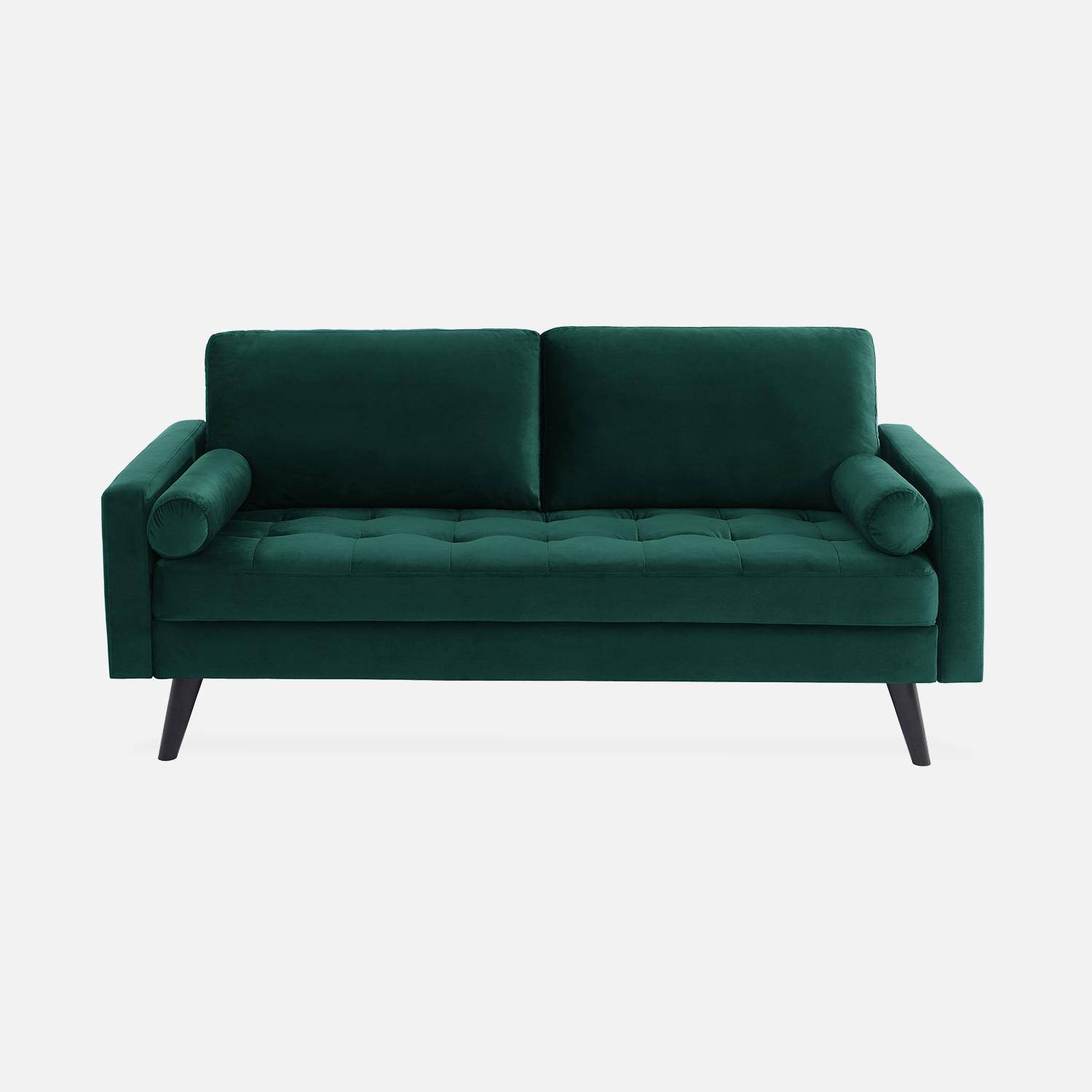 Velvet vintage style 3-seater sofa with Scandi style wooden legs - Ivar - Green Photo3