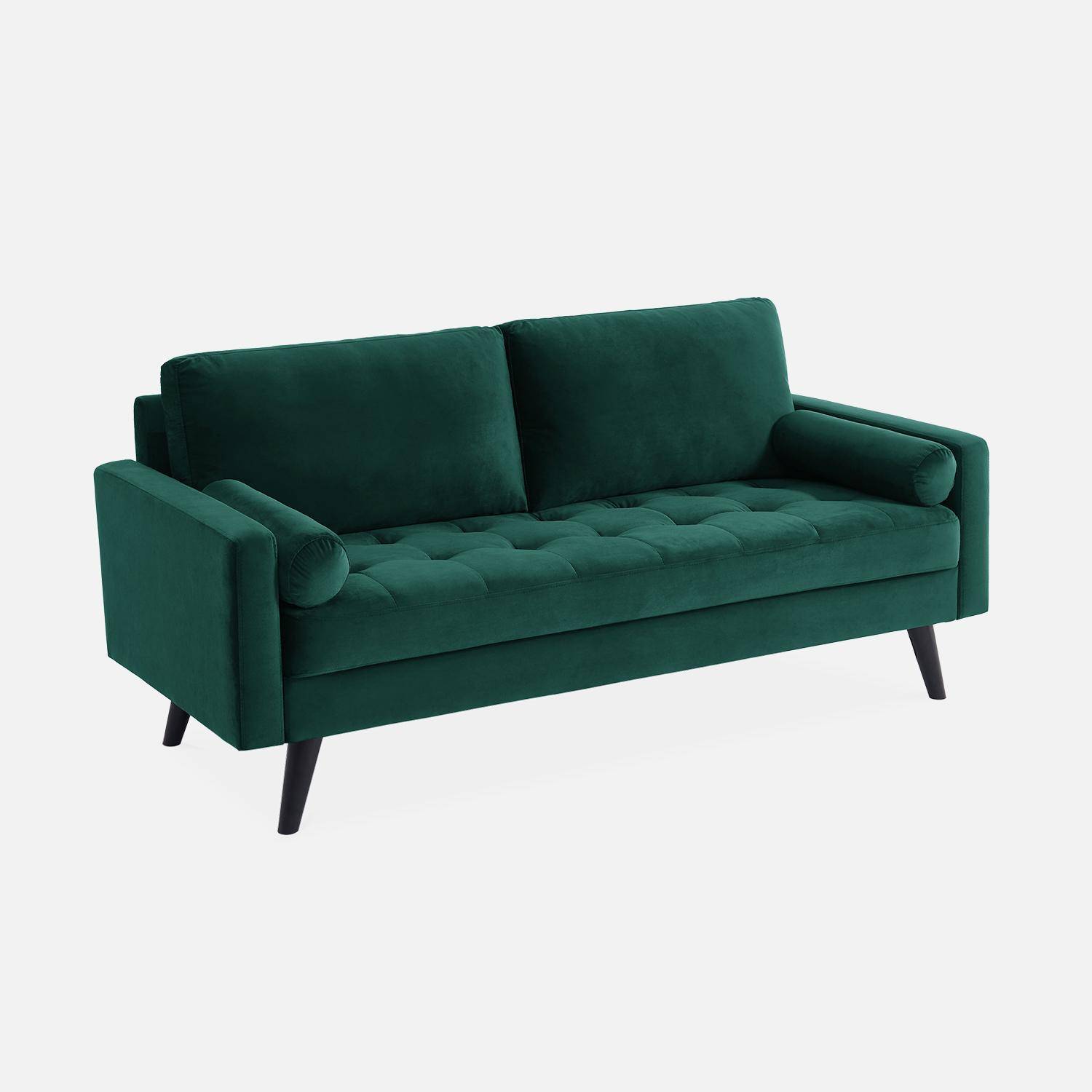 Velvet vintage style 3-seater sofa with Scandi style wooden legs - Ivar - Green Photo2