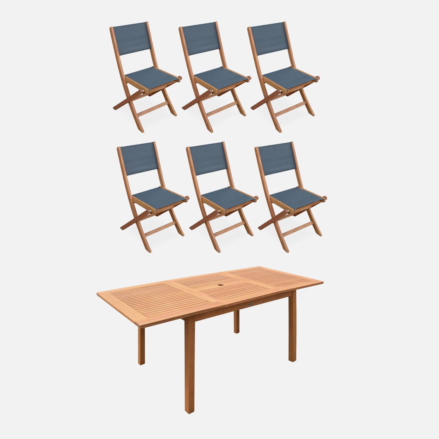 Conjunto de mobiliário de jardim em madeira Almeria, taupe, mesa retangular 120-180cm, 6 cadeiras em eucalipto FSC e textilene | sweeek