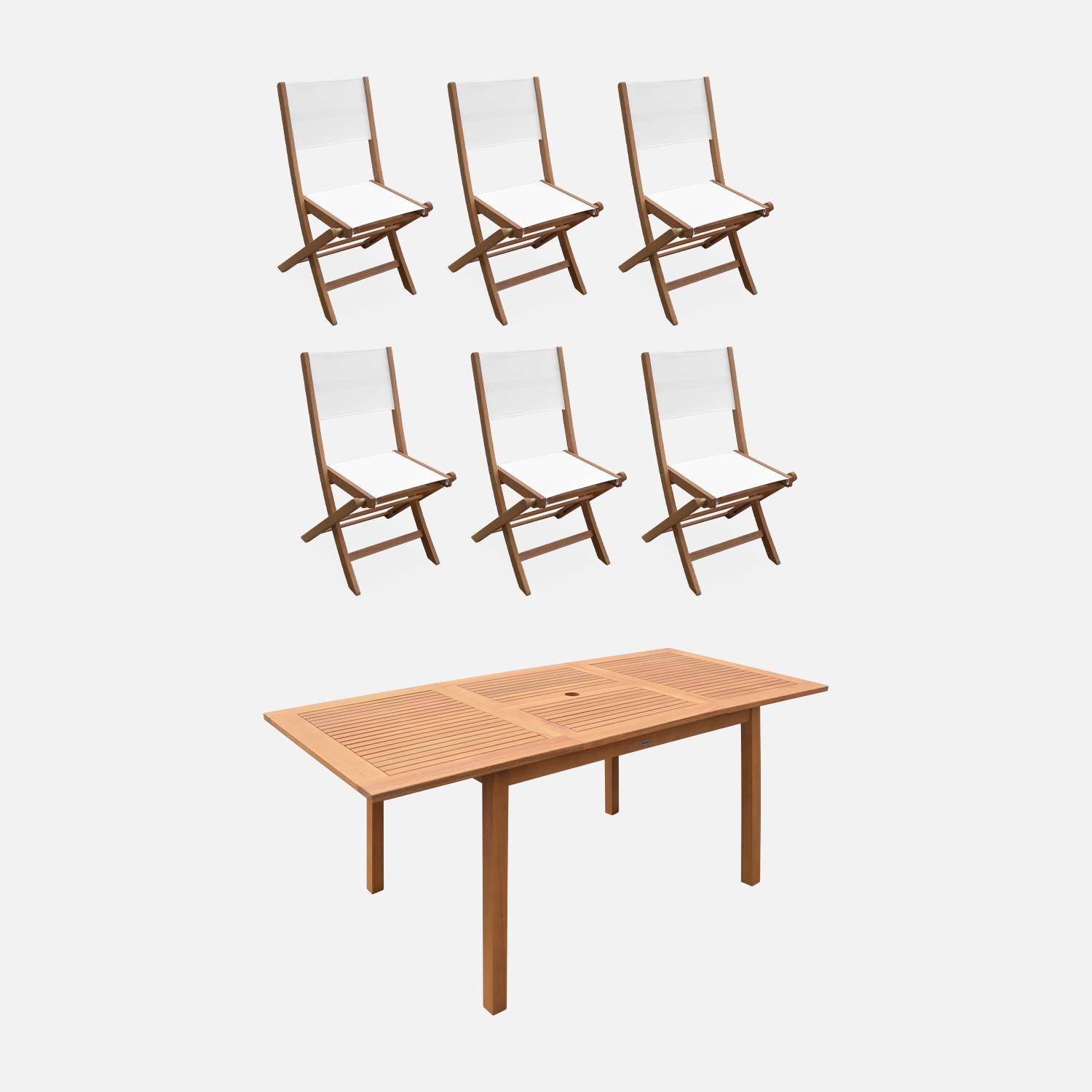 Conjunto de mobiliário de jardim em madeira Almeria, taupe, mesa retangular 120-180cm, 6 cadeiras em eucalipto FSC e textilene Photo1