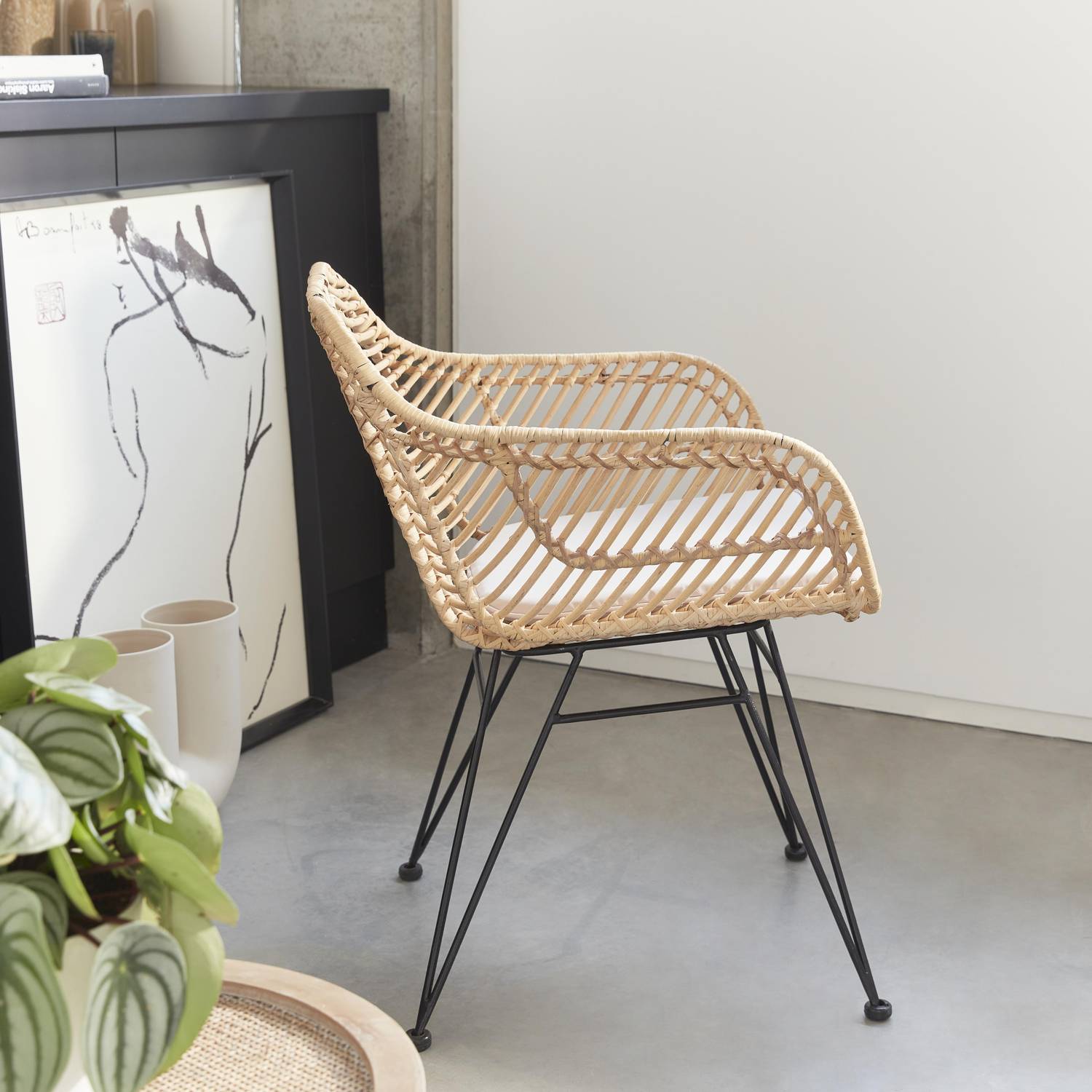 Rattan dining armchair with metal legs and cushion - Cahya - Natural rattan, White cushion Photo2